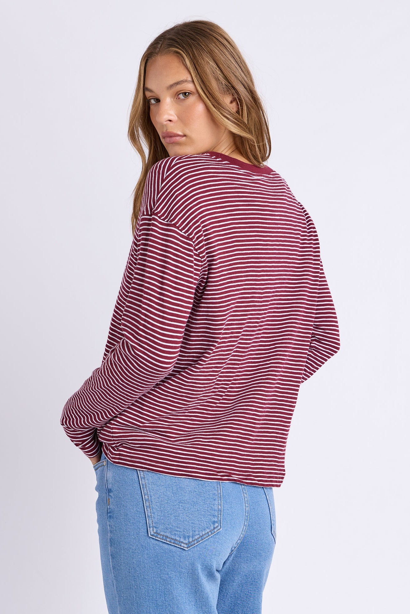 Foxwood Hutch Ls Tee - Wine/Wht Stripe