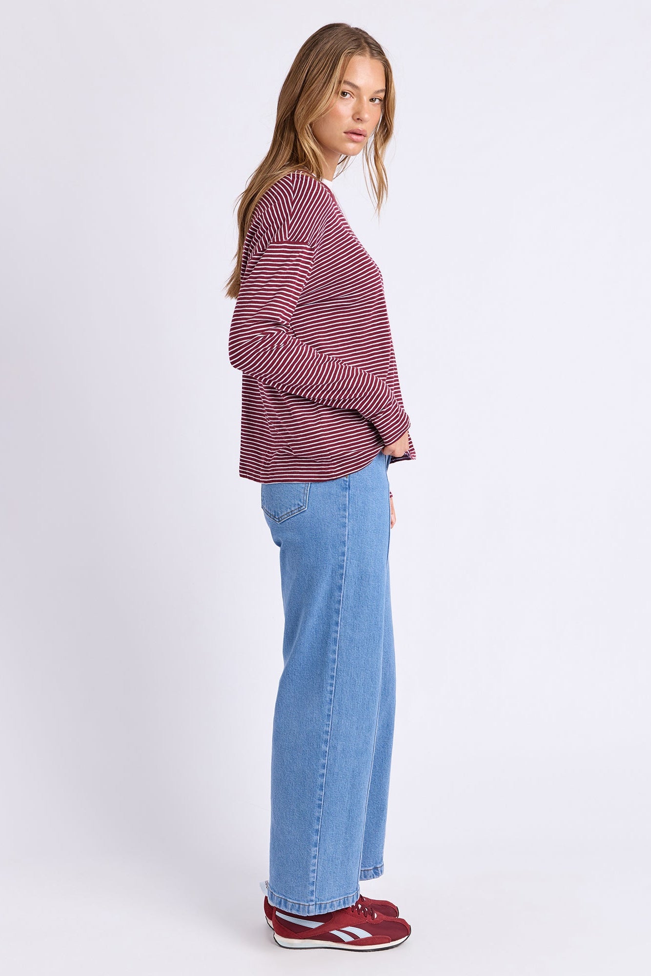 Foxwood Hutch Ls Tee - Wine/Wht Stripe