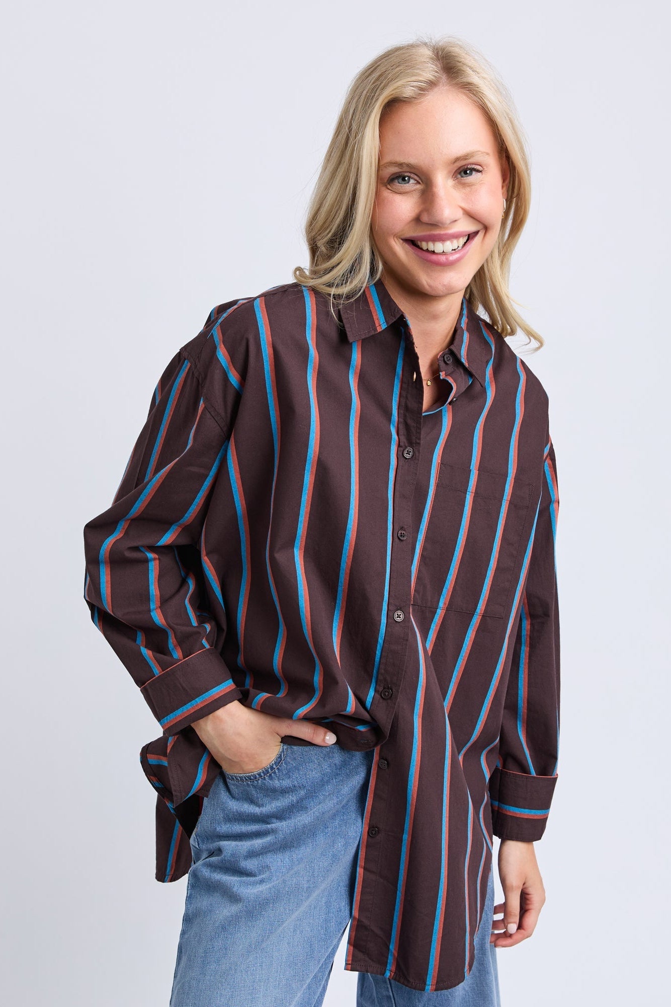 Elm Saltair Shirt - Choc/Blue Stripe