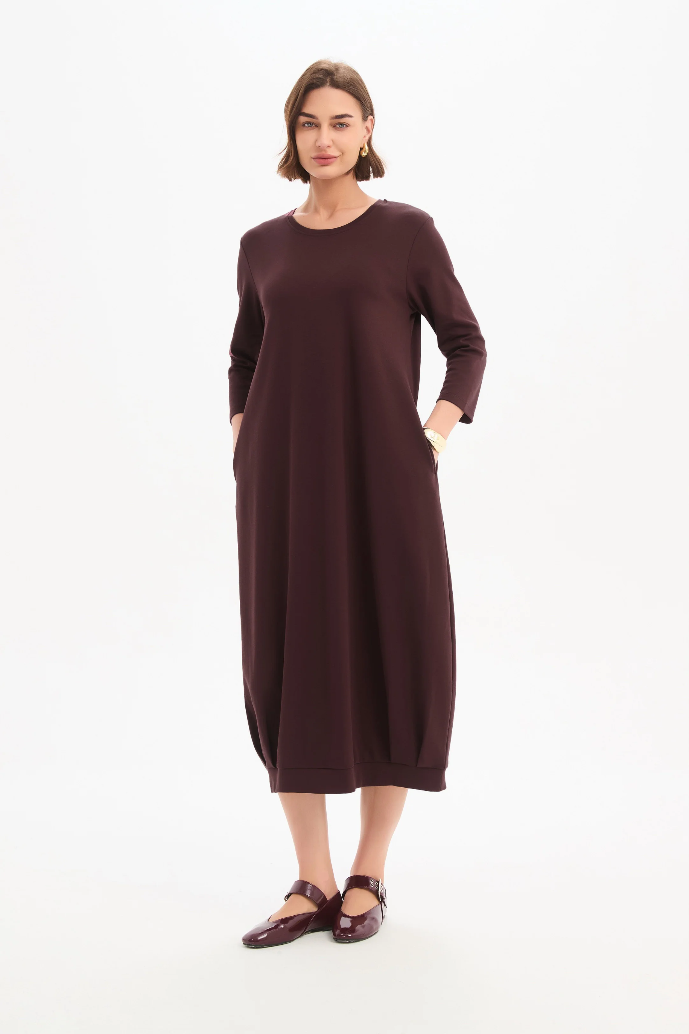 Banded Hem Jersey Dress - Mulled Wine