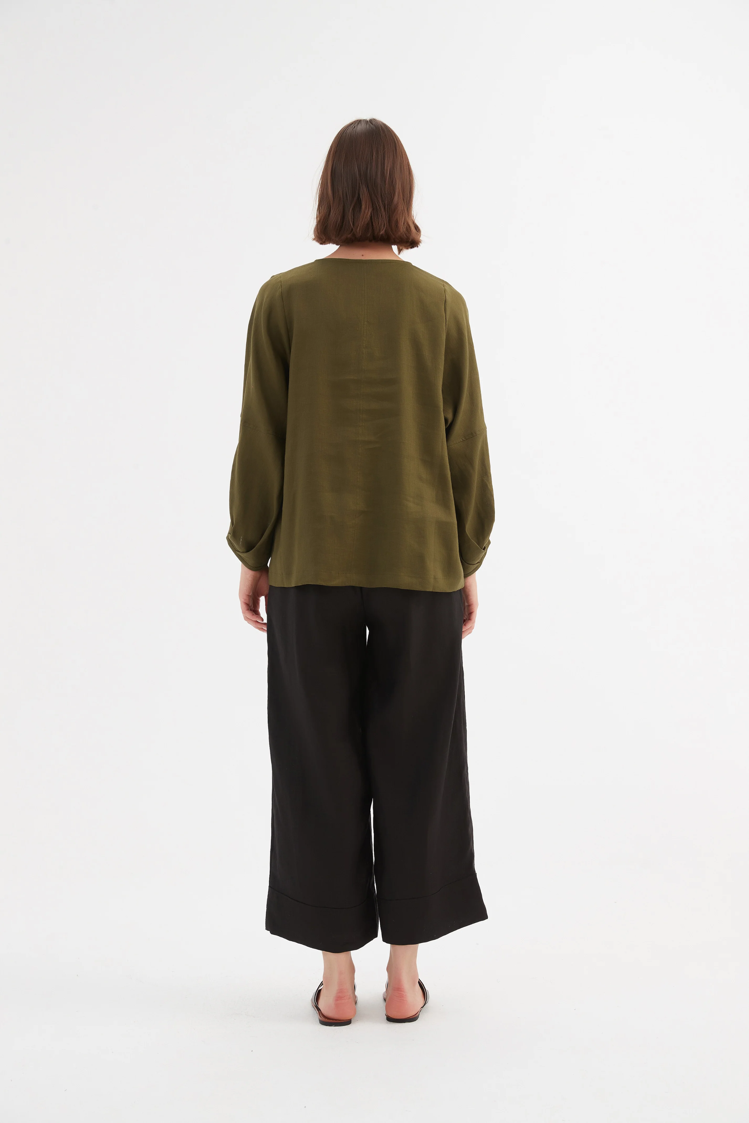 Bishop L/S Linen Top - Dark Moss