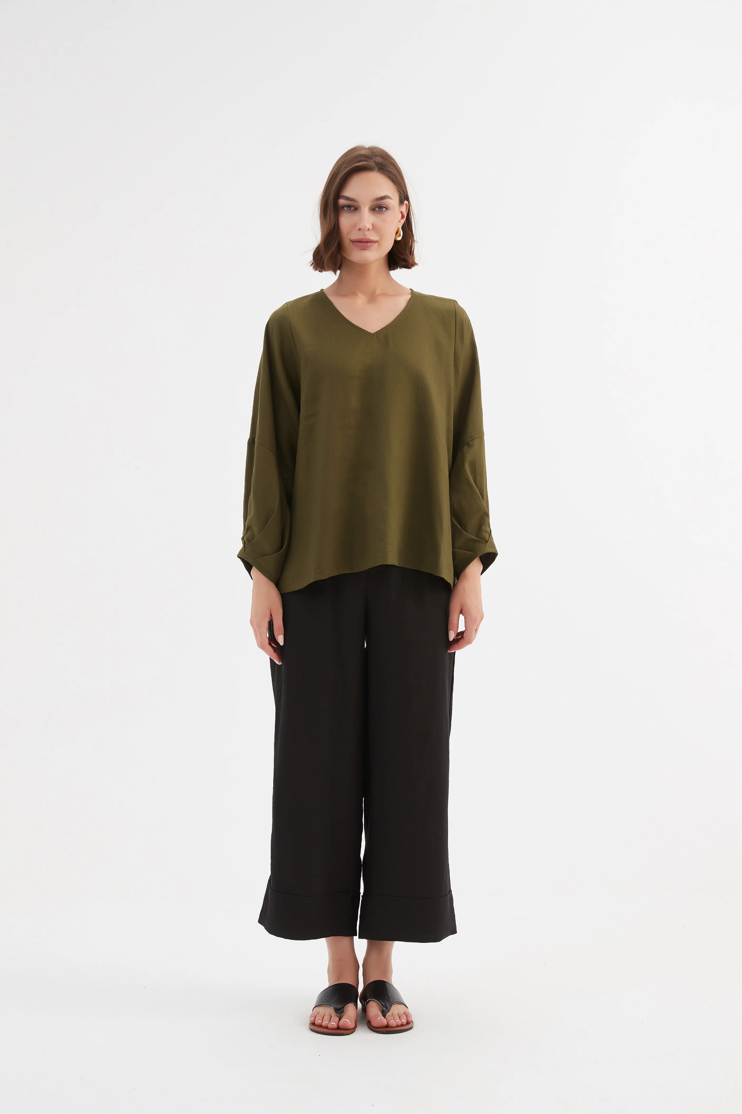 Bishop L/S Linen Top - Dark Moss