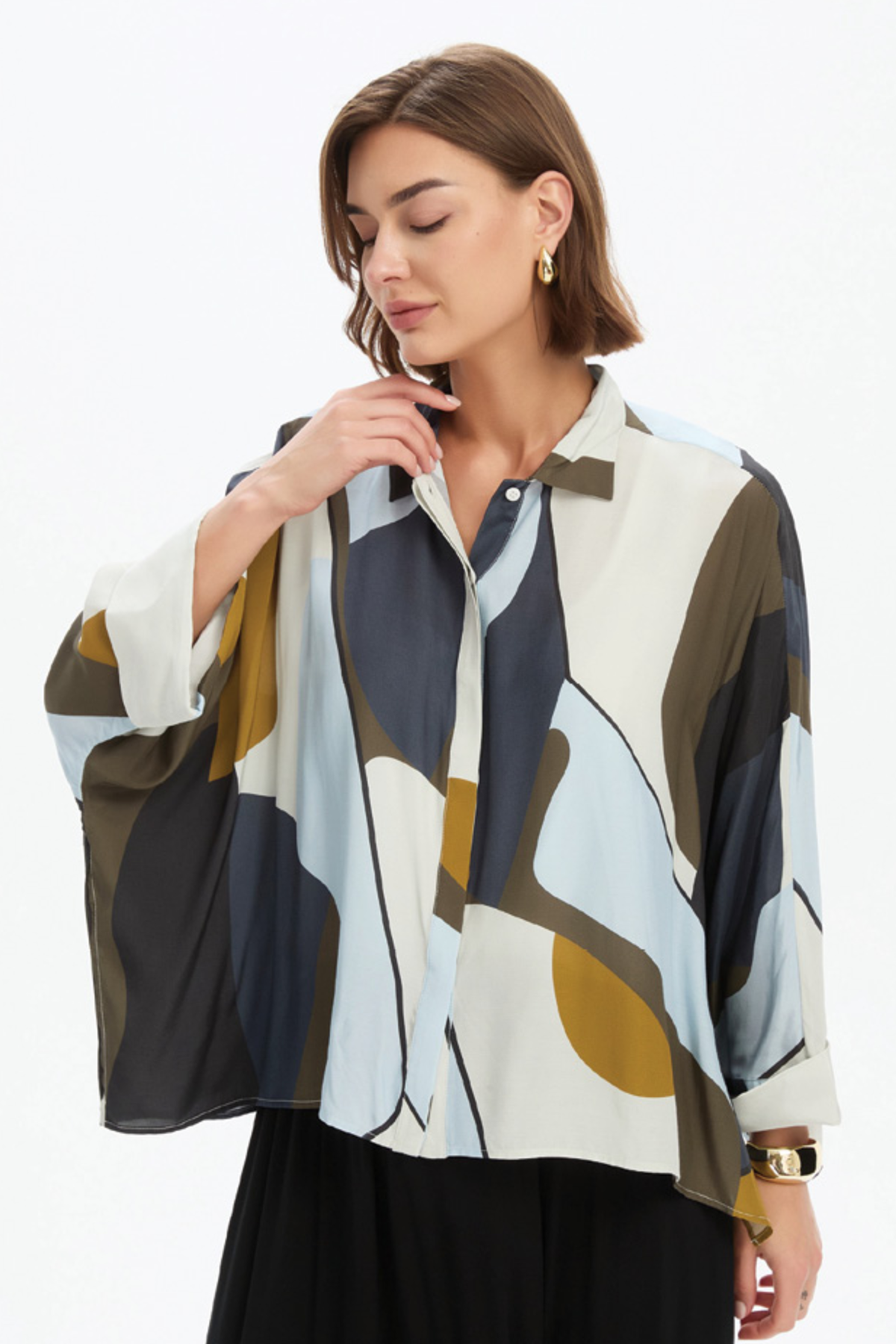Boxy Concealed Placket Shirt - Abstract