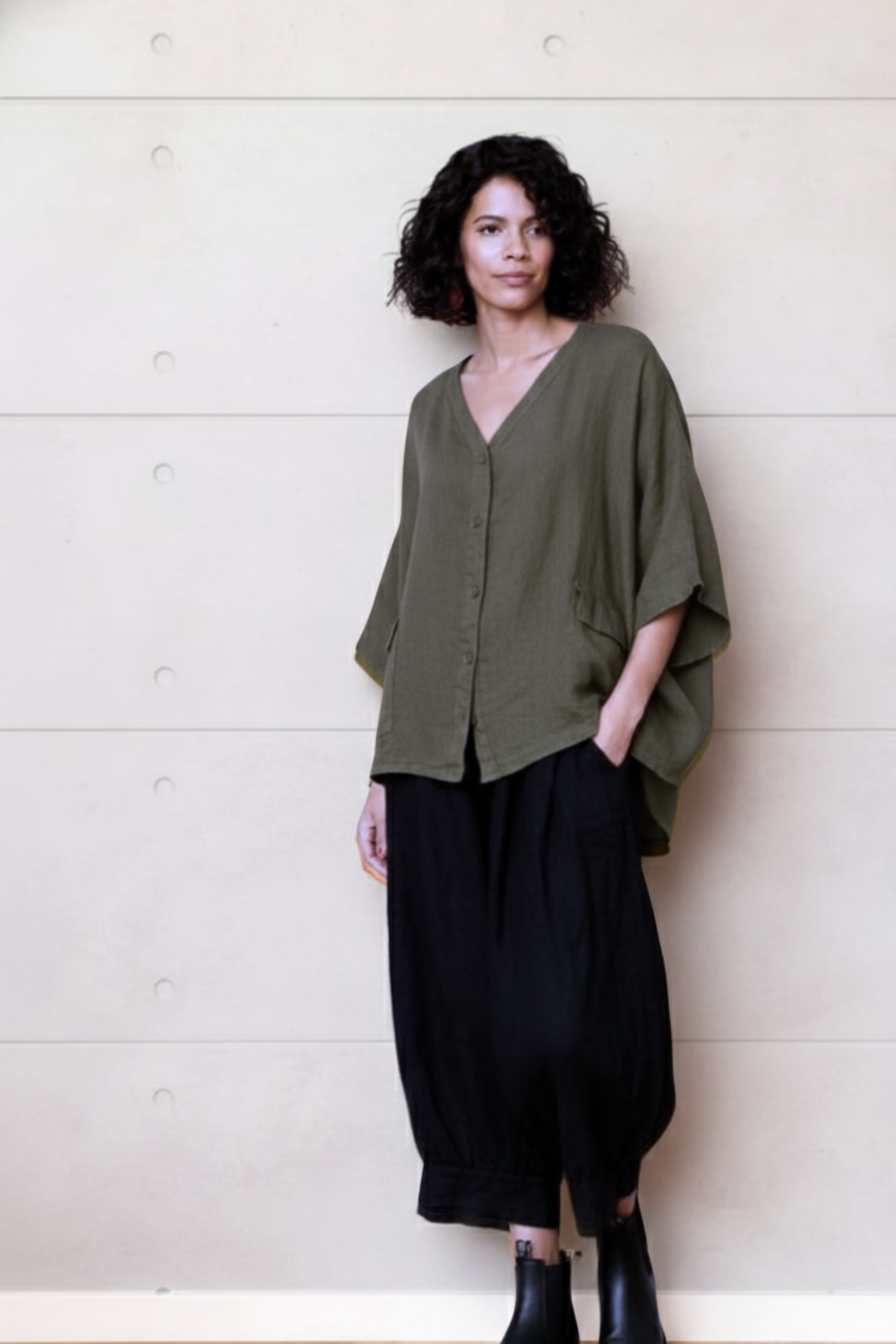 Brigitte Linen Button Up Top - Khaki