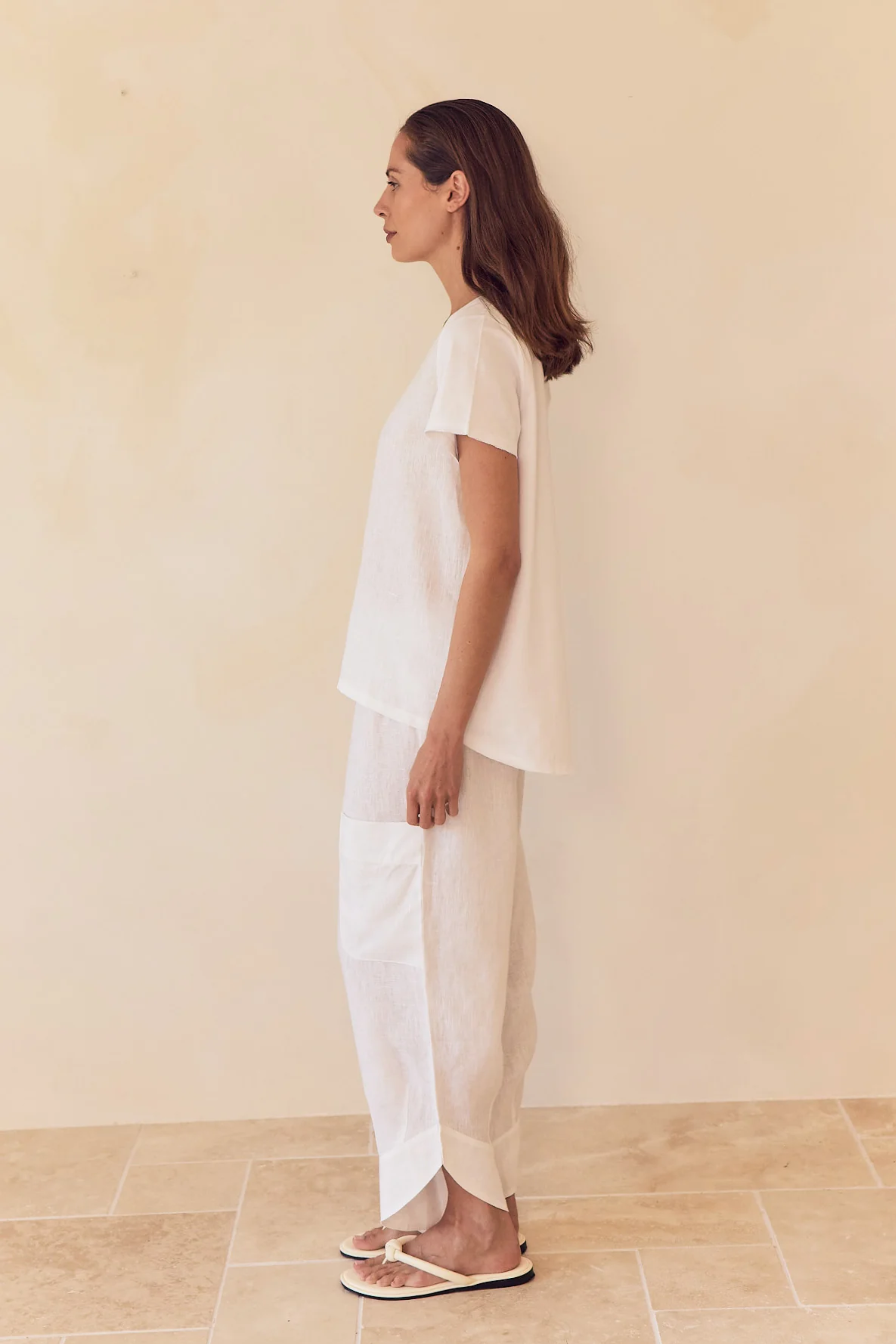 Contrast Trim Linen Top - White