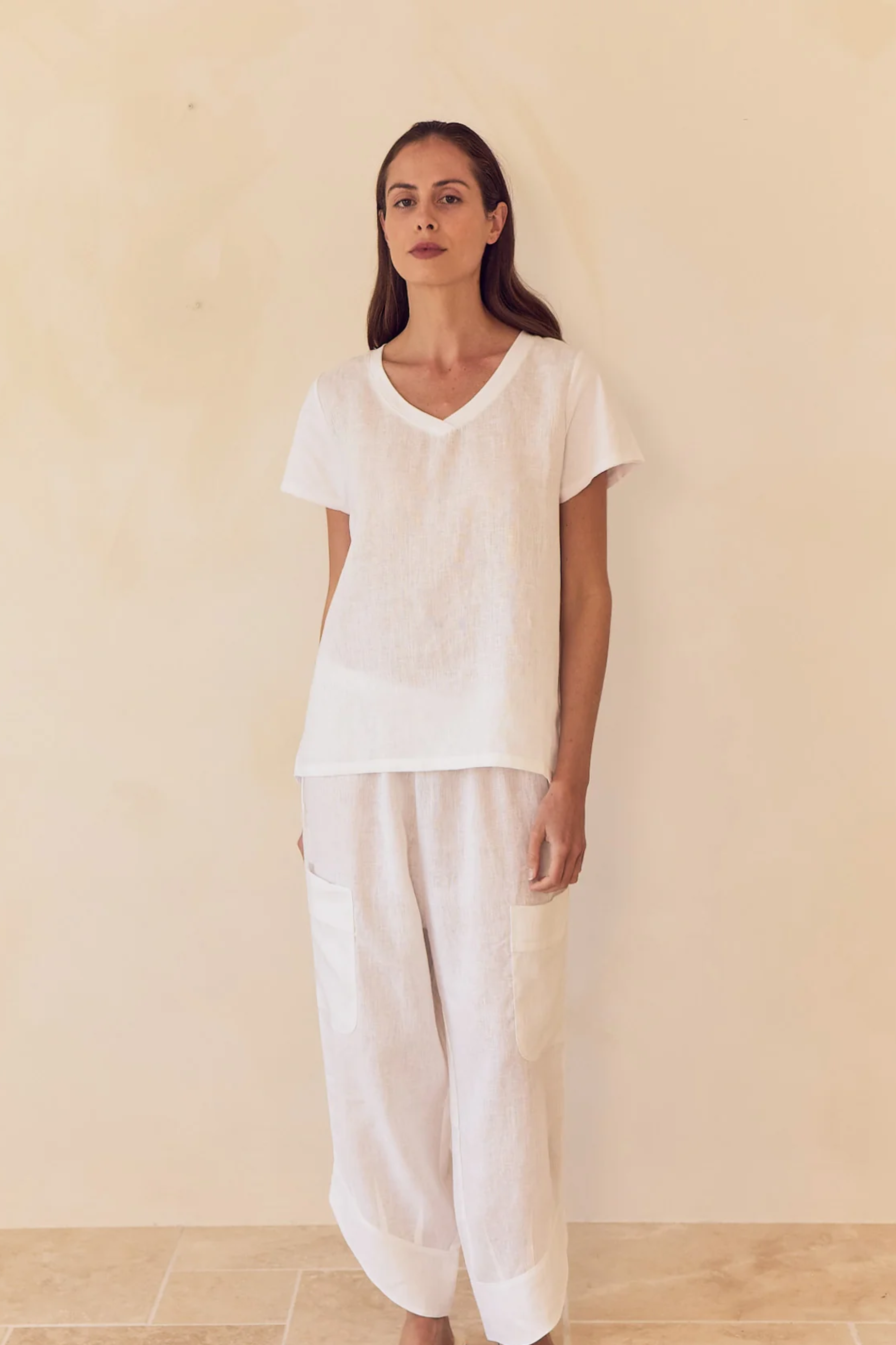 Contrast Trim Linen Top - White