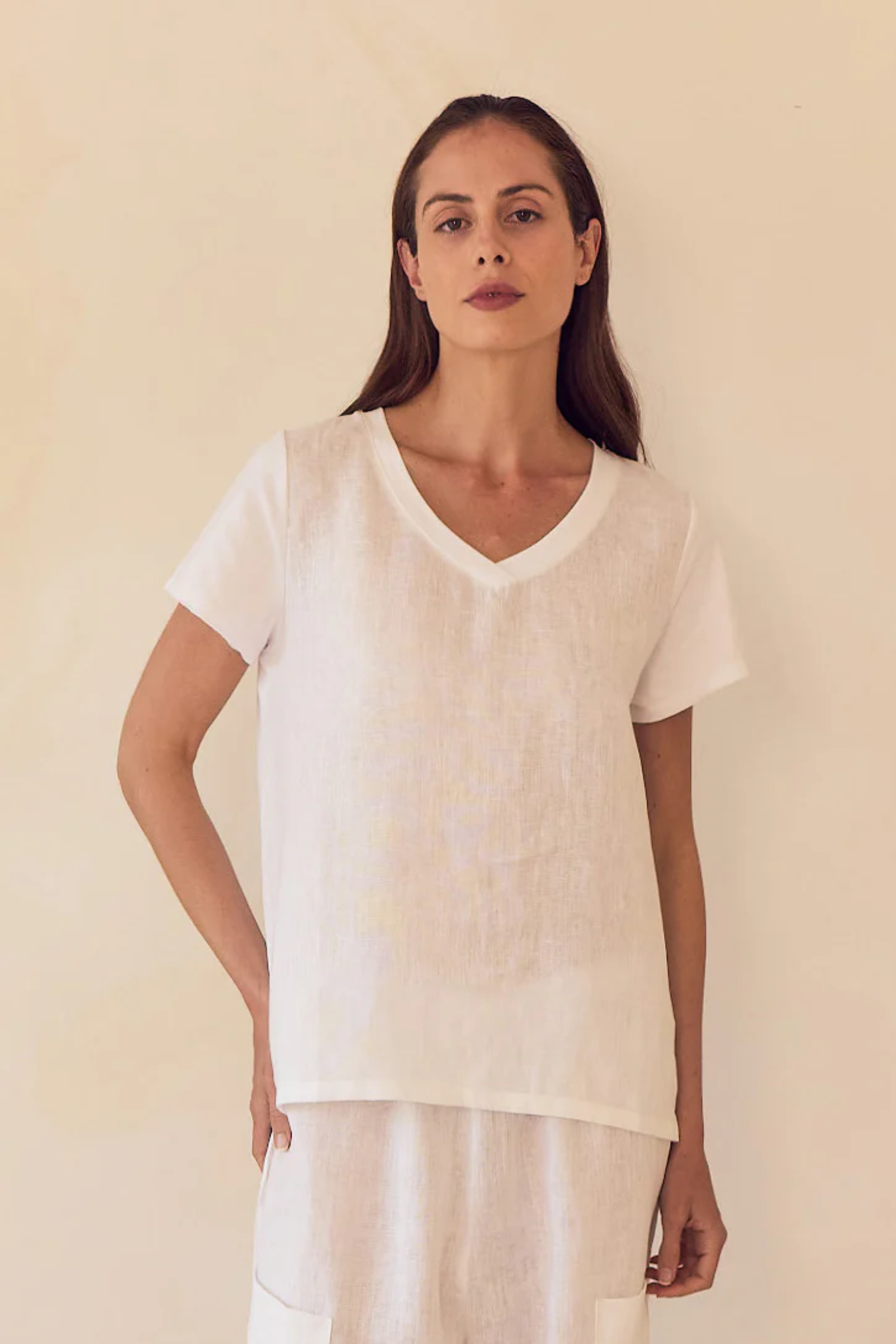 Contrast Trim Linen Top - White