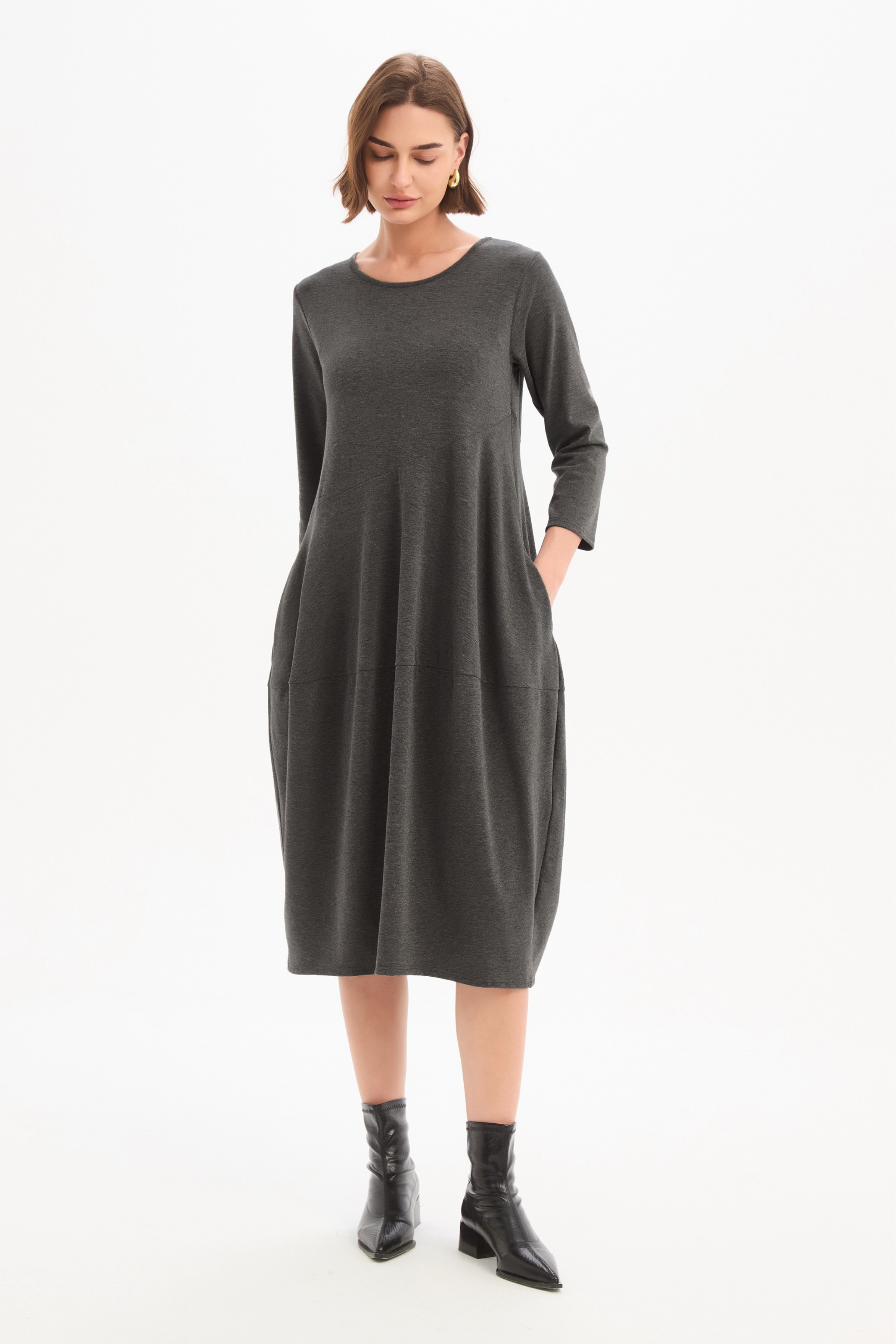 Diagonal Seam Knit Dress - Charcoal