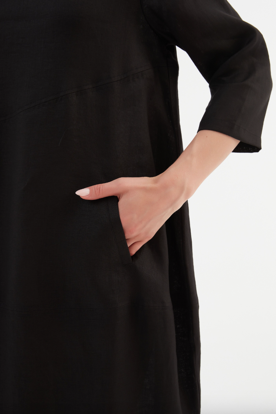 Diagonal Seam Linen Dress - Black