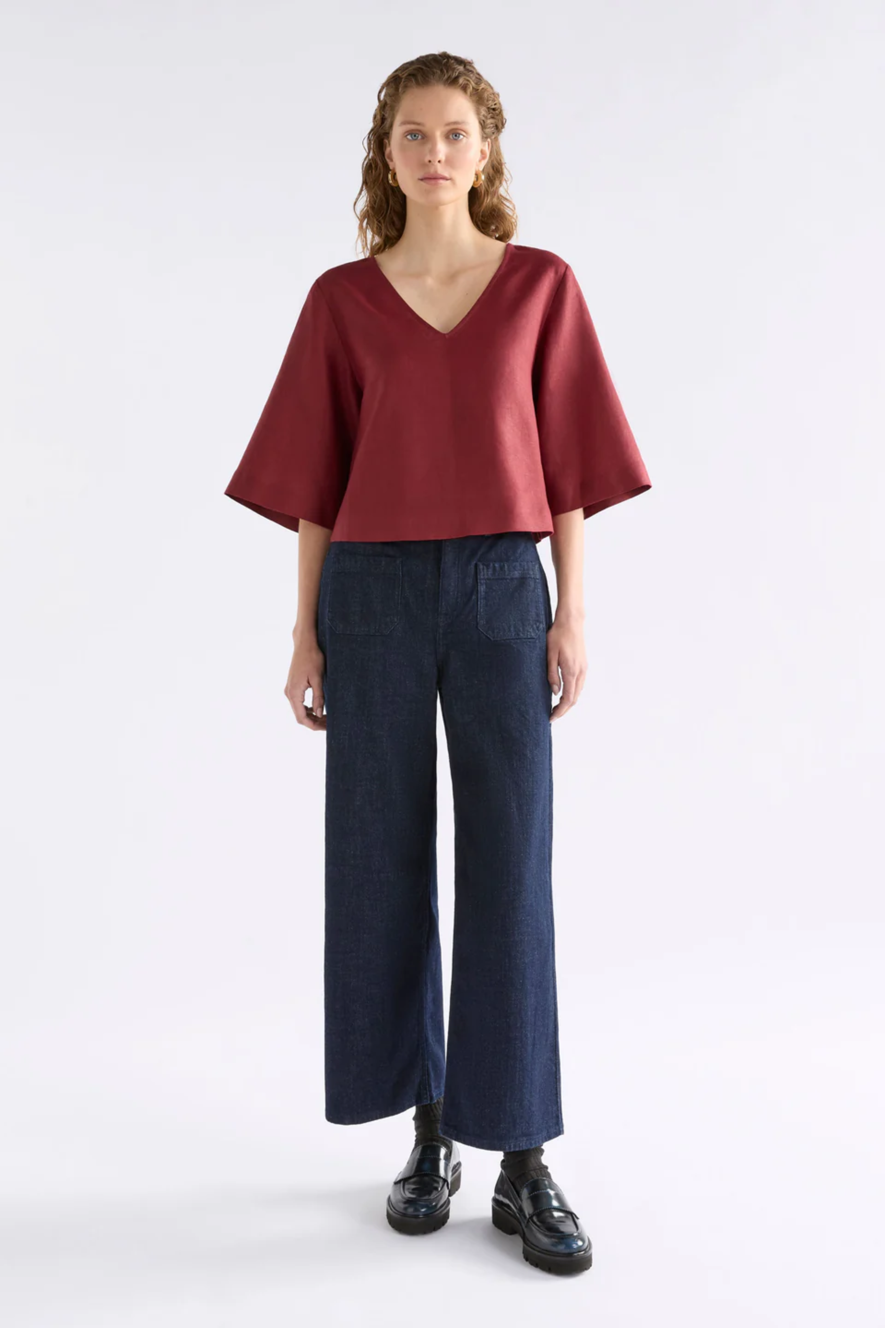 Elk Llinen Light V Neck Top - Bordeaux