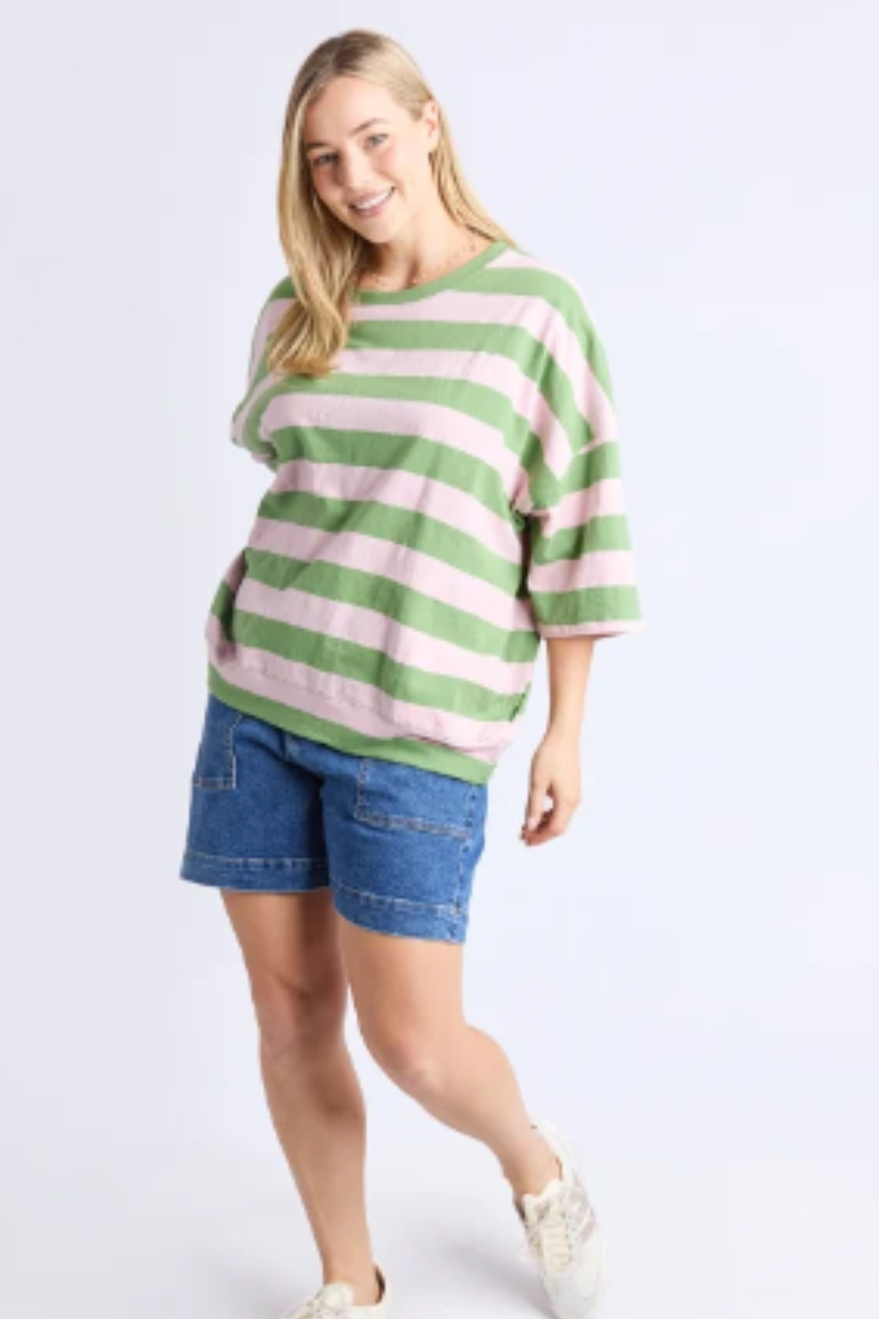 Elm Mazie Block Stripe Sweat - Green/Pink Stripe
