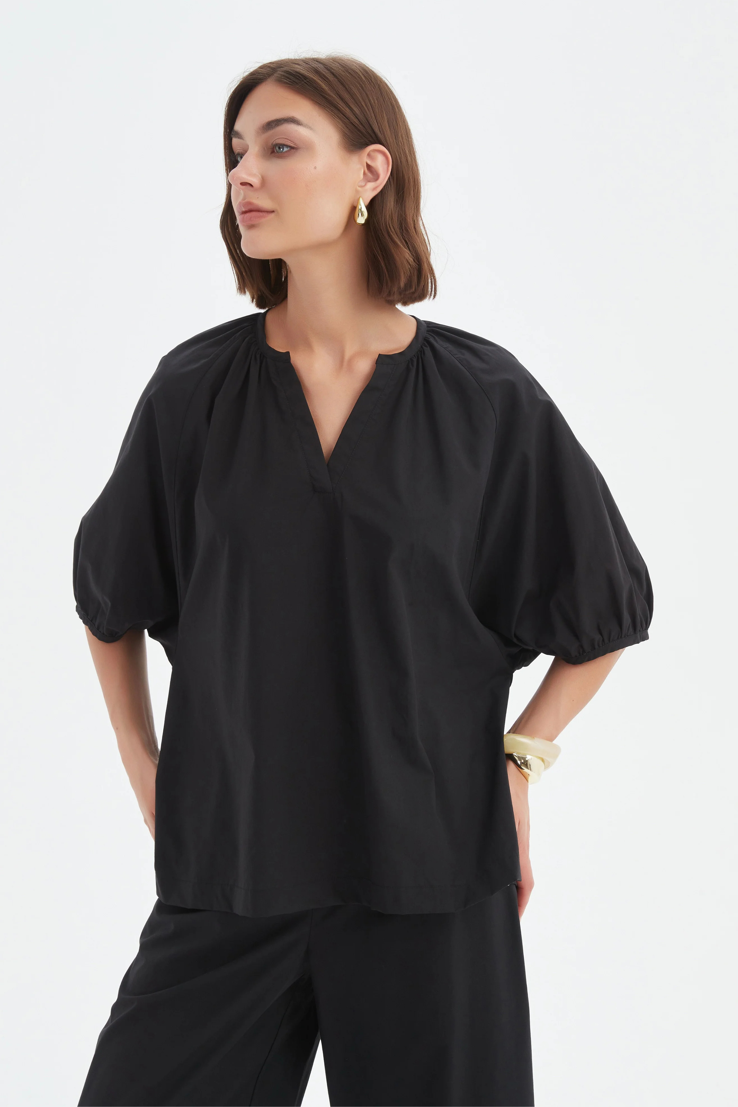 Gathered Notch Neck Top - Black