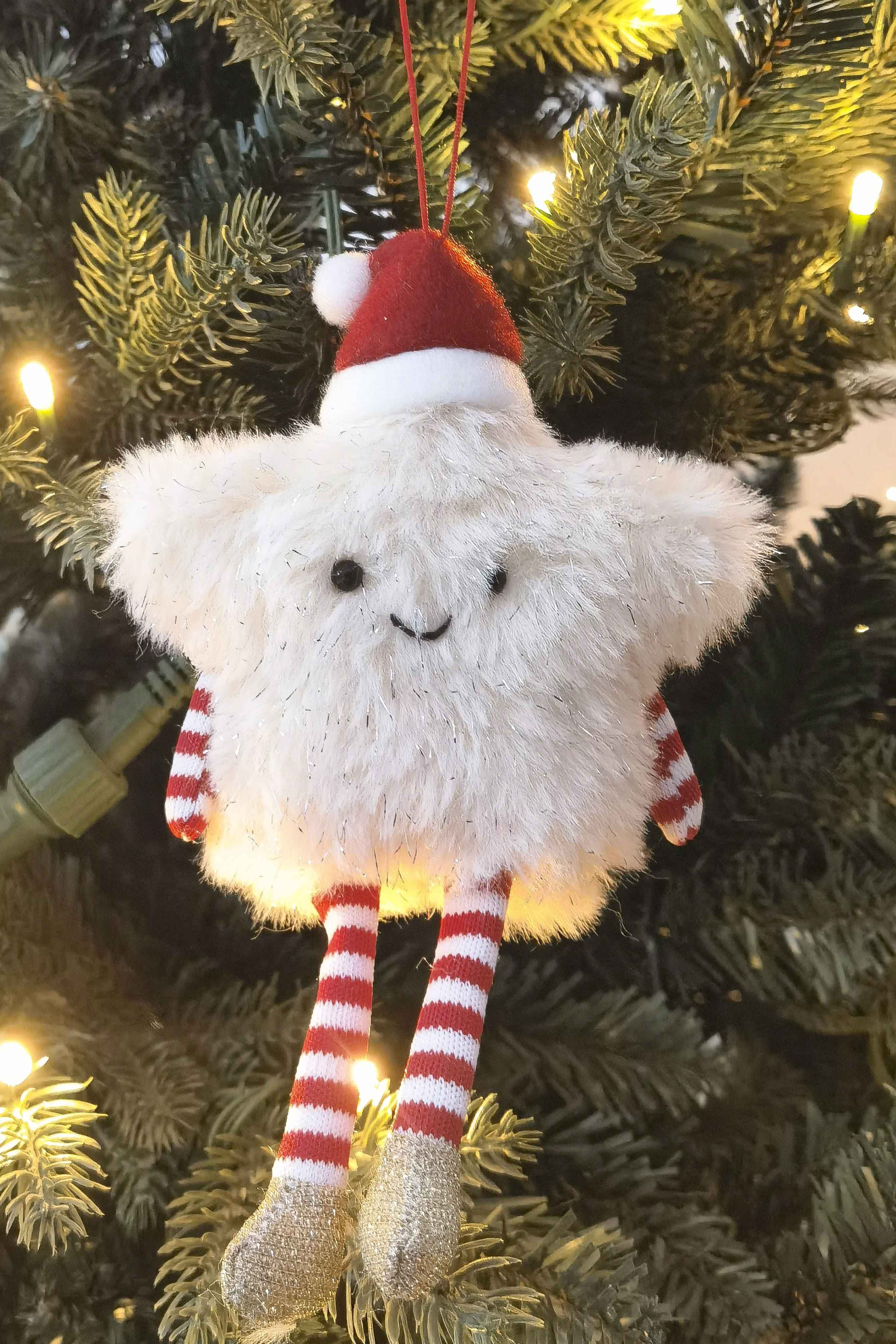 Hanging Fluffy Star - Red/Cream 15cm