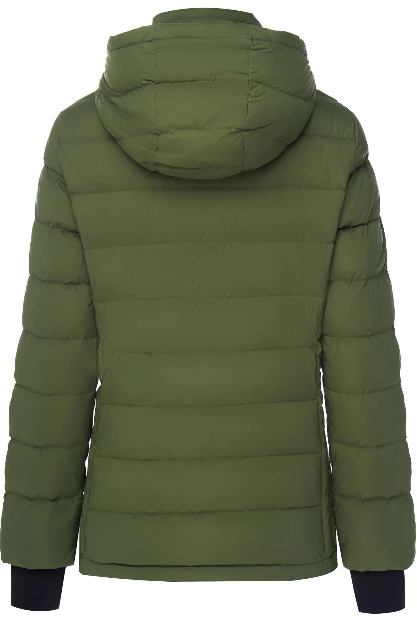 Green puffer jacket with a hood on a white background
