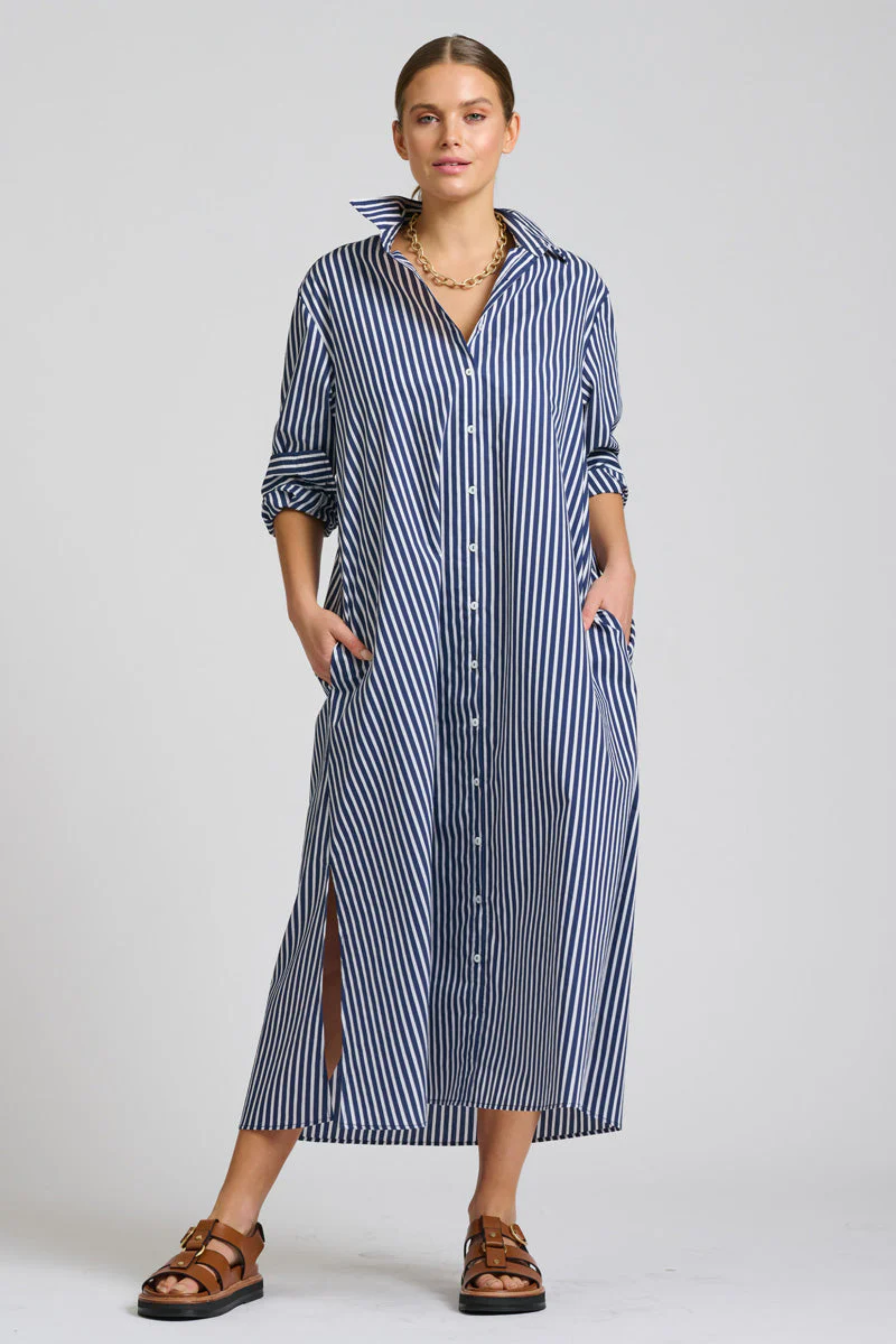 Luna Oversized Long Line Shirt Dress - Navy Stripe