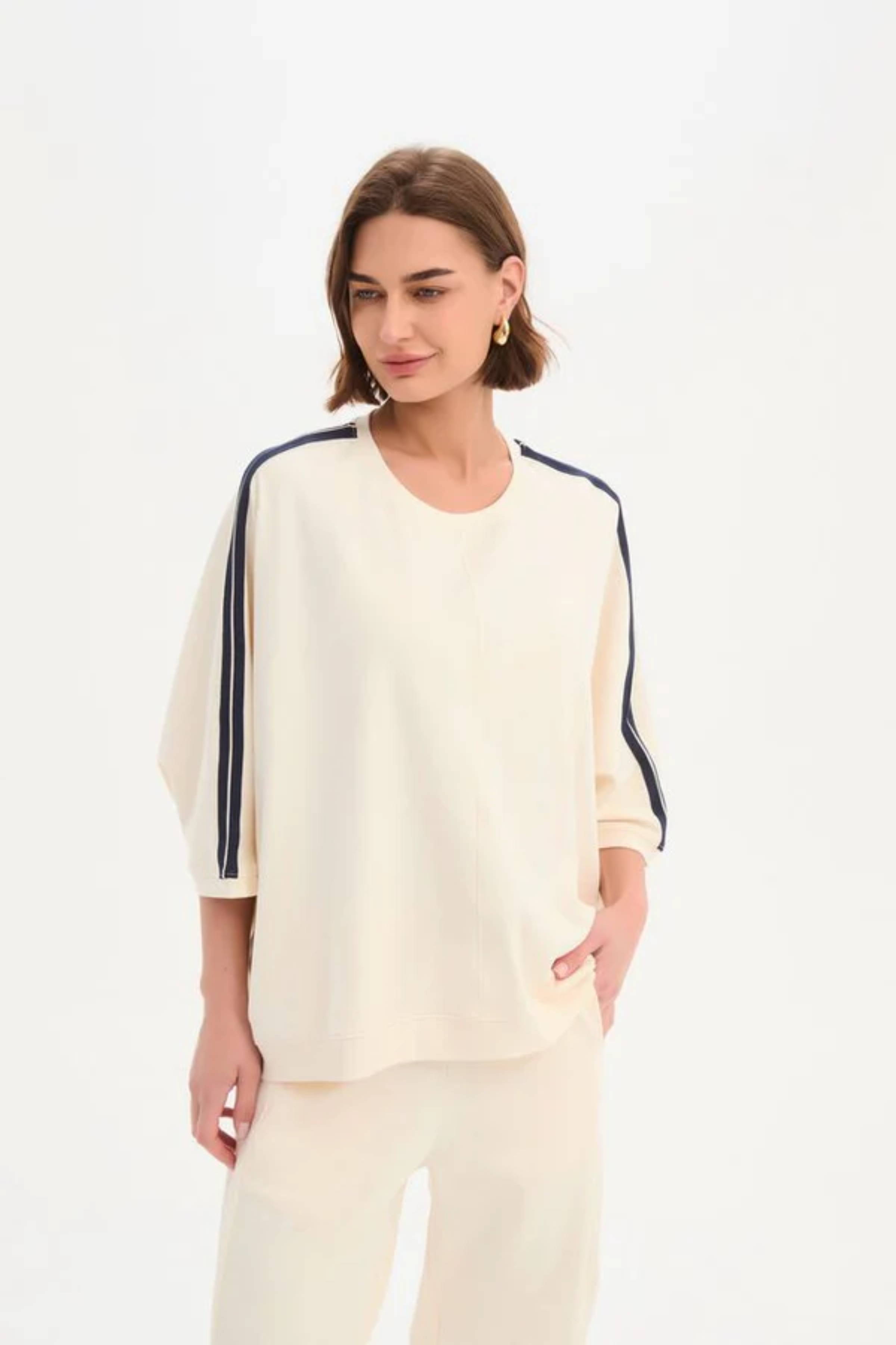 Oversized 3/4 Stripe Sleeve Tee - Cream/Navy