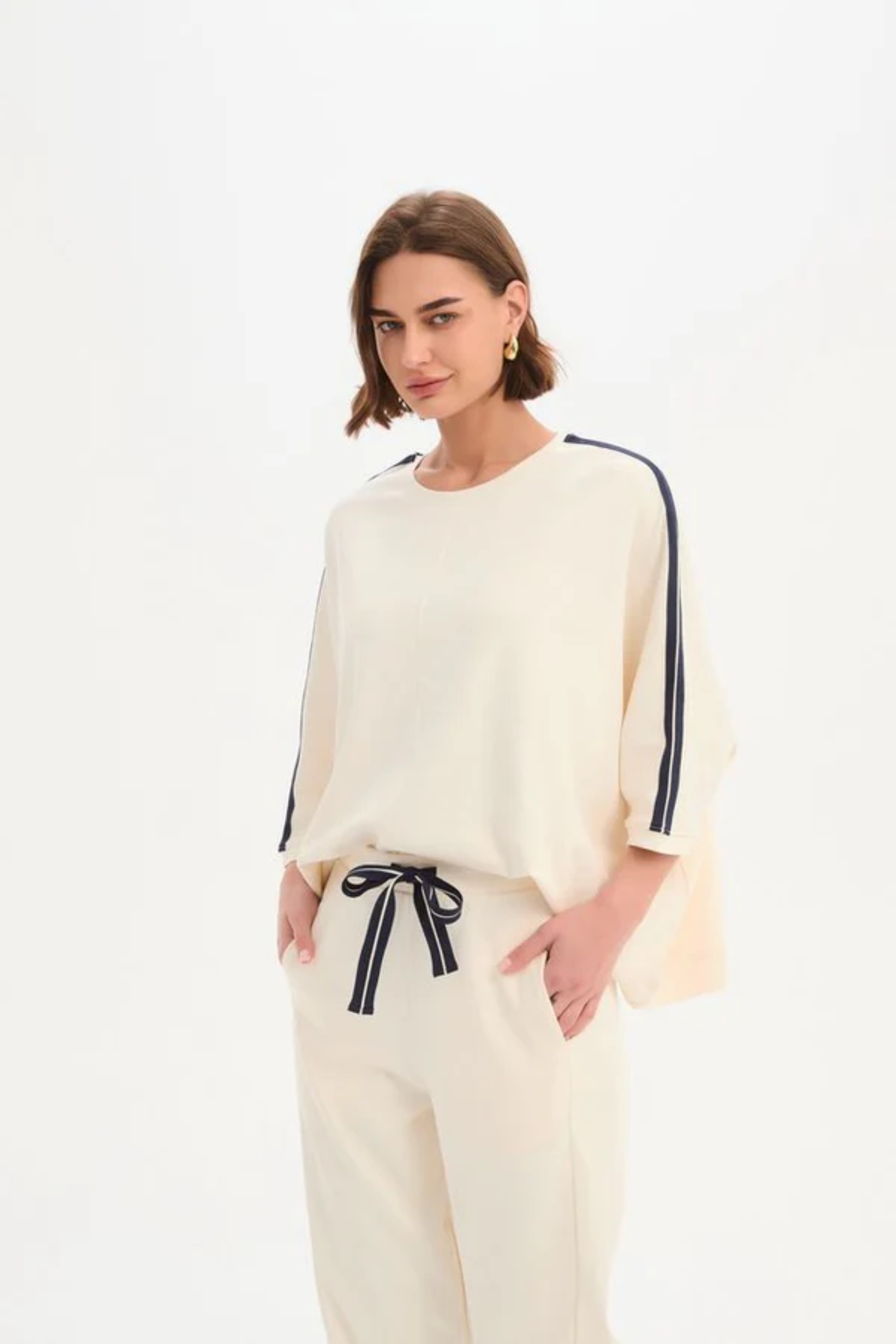 Oversized 3/4 Stripe Sleeve Tee - Cream/Navy