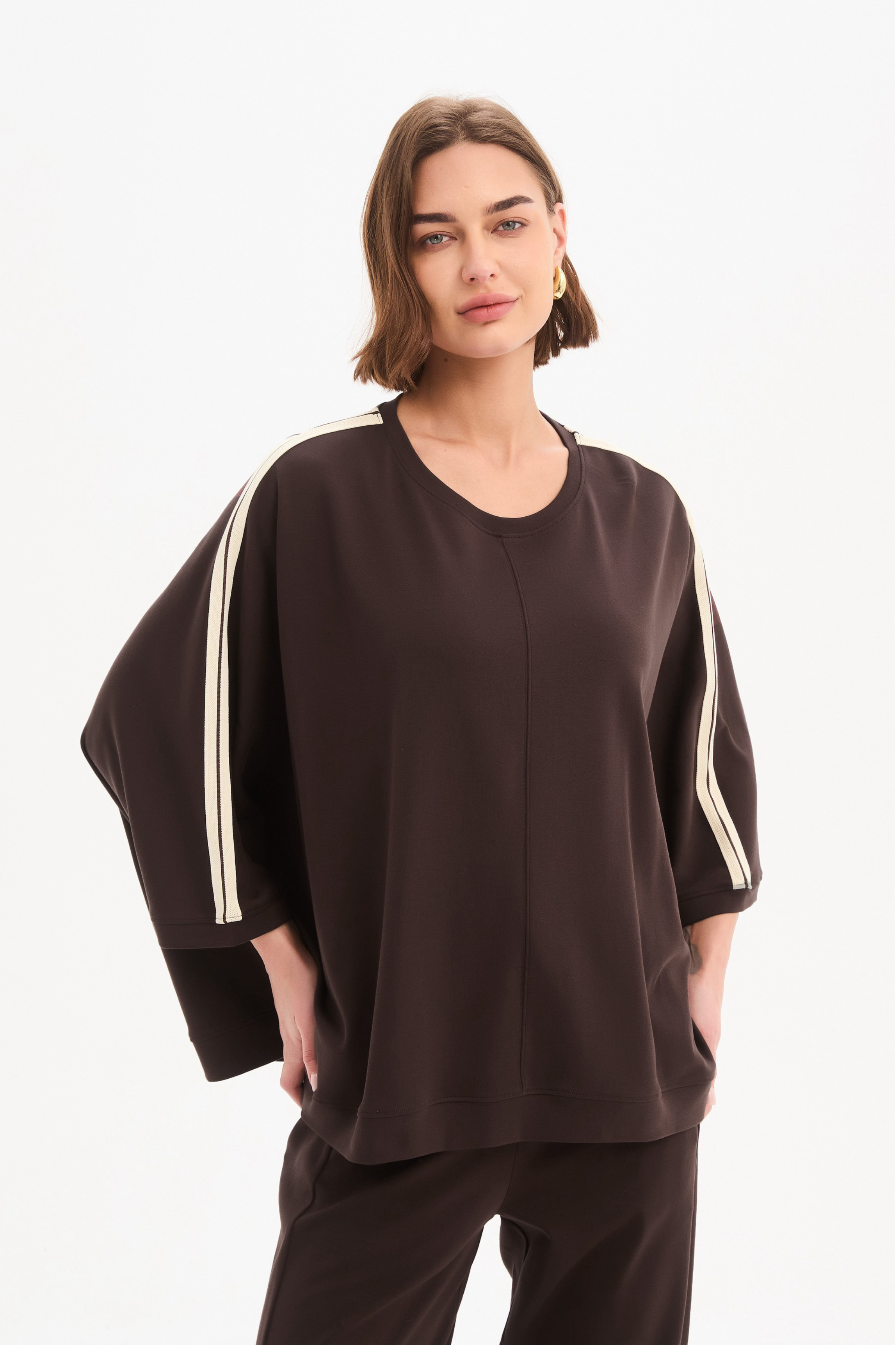 Oversized 3/4 Stripe Sleeve Tee - Choc/Cream