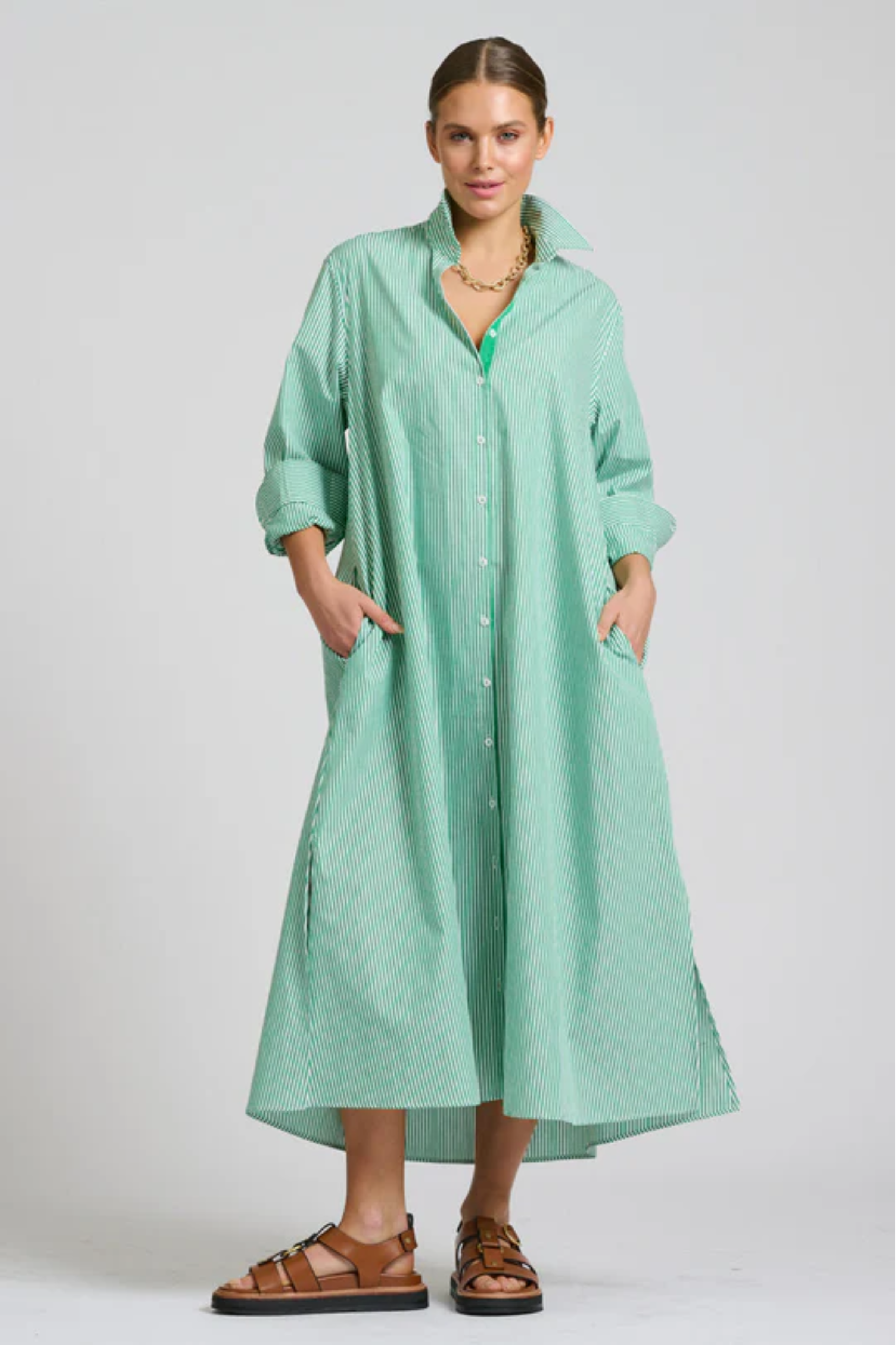 Pippa Oversized Long Line Shirt Dress - Green Stripe