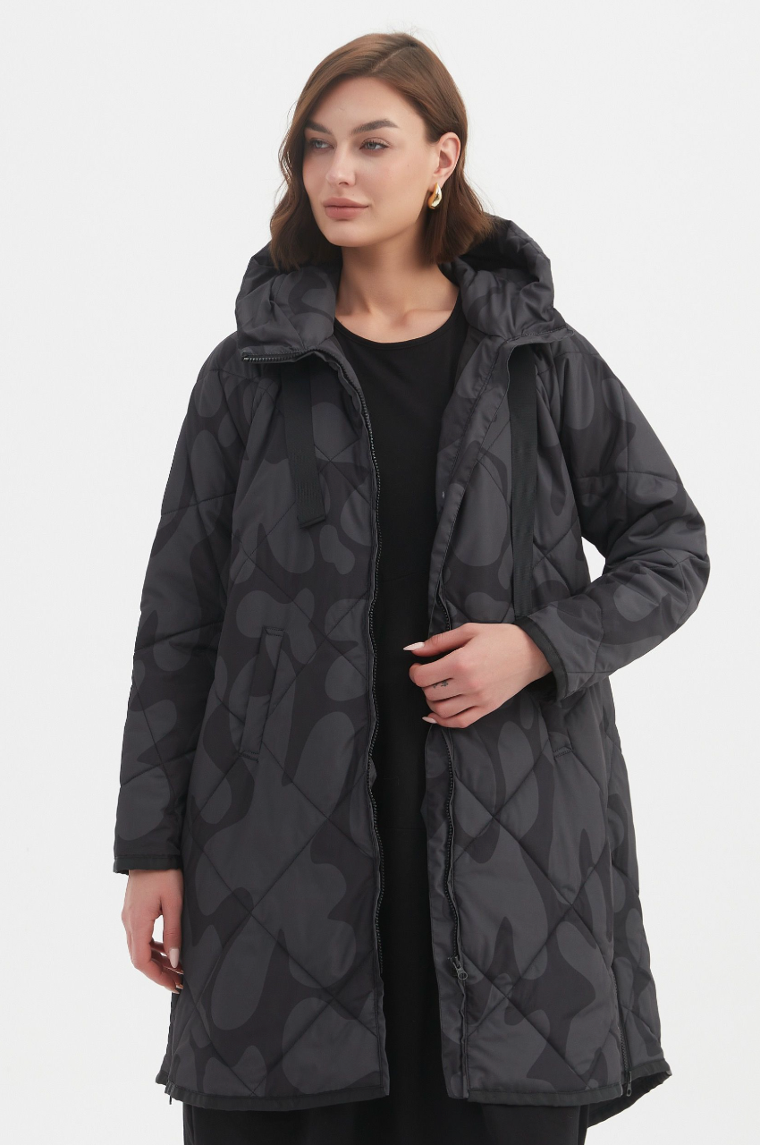 Zip Hem Winter Coat - Char/Blk Blot Print