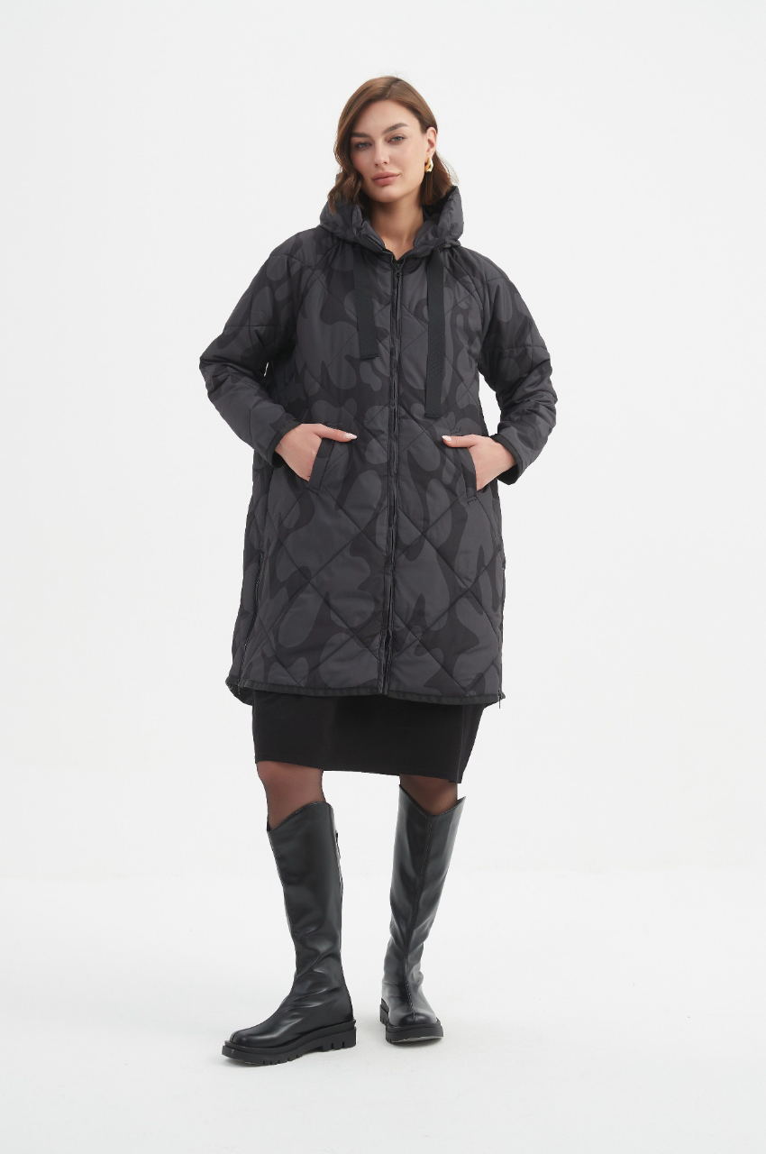 Zip Hem Winter Coat - Char/Blk Blot Print