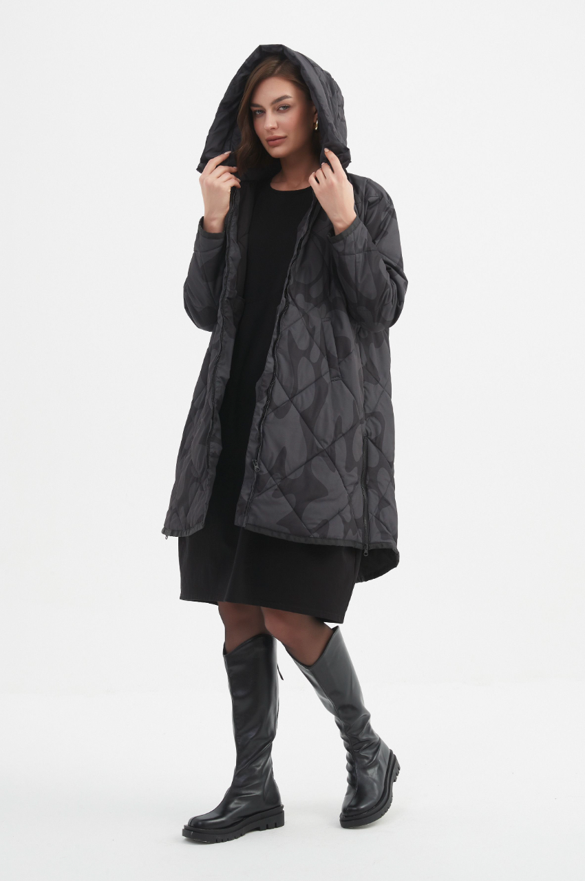 Zip Hem Winter Coat - Char/Blk Blot Print