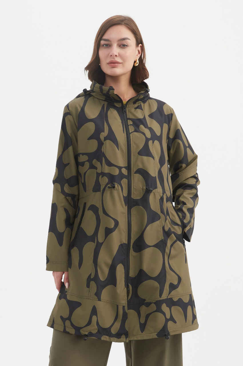 Adjustable Waist Print Parka - Moss/Blk Blot Print