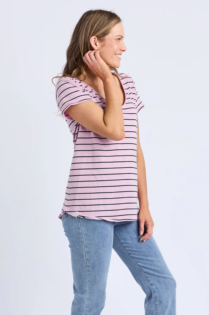Elm Pima Vee Tee - Pink/Navy Stripe