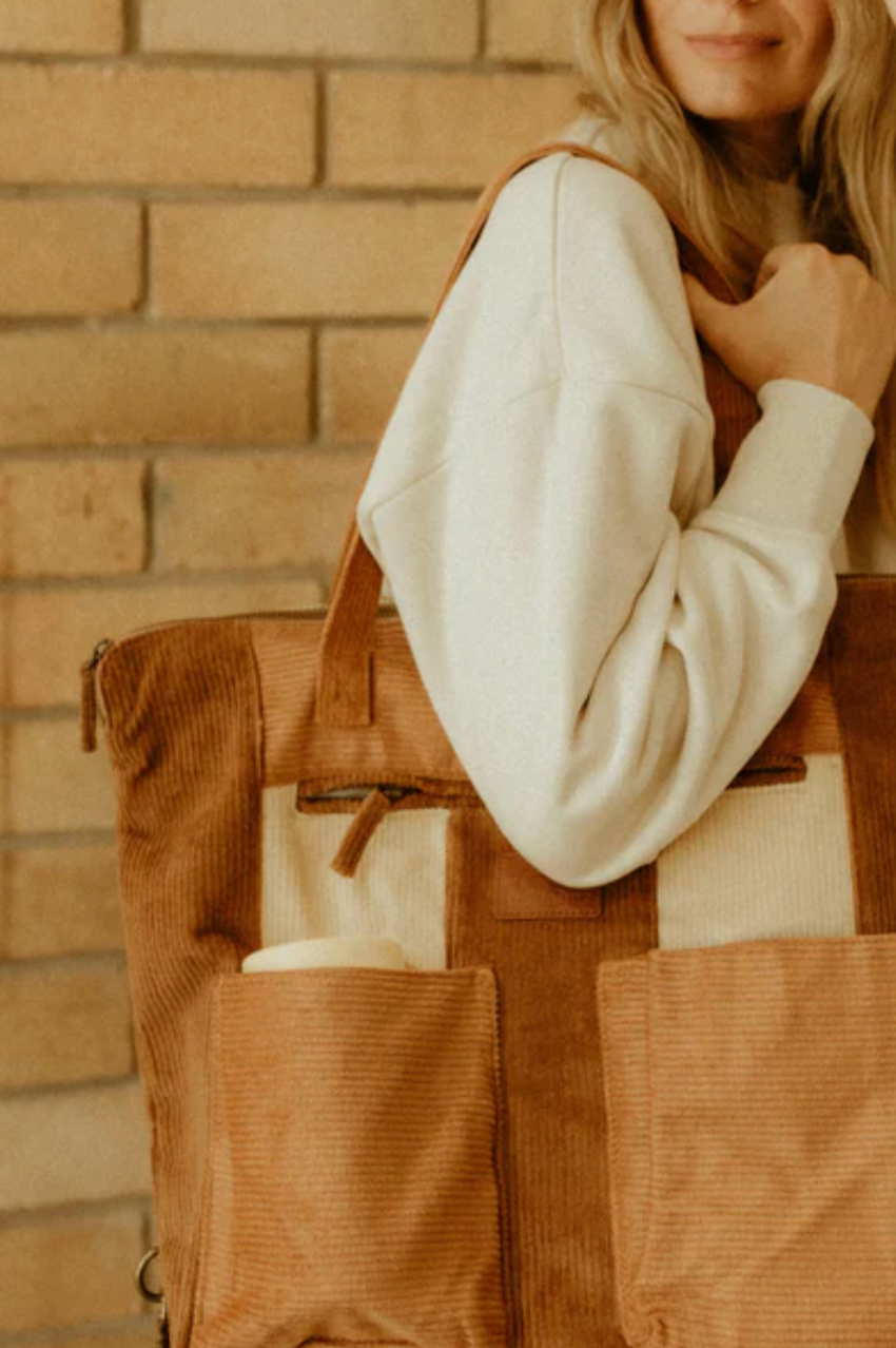 Corduroy Spliced Convertible Backpack - Tan