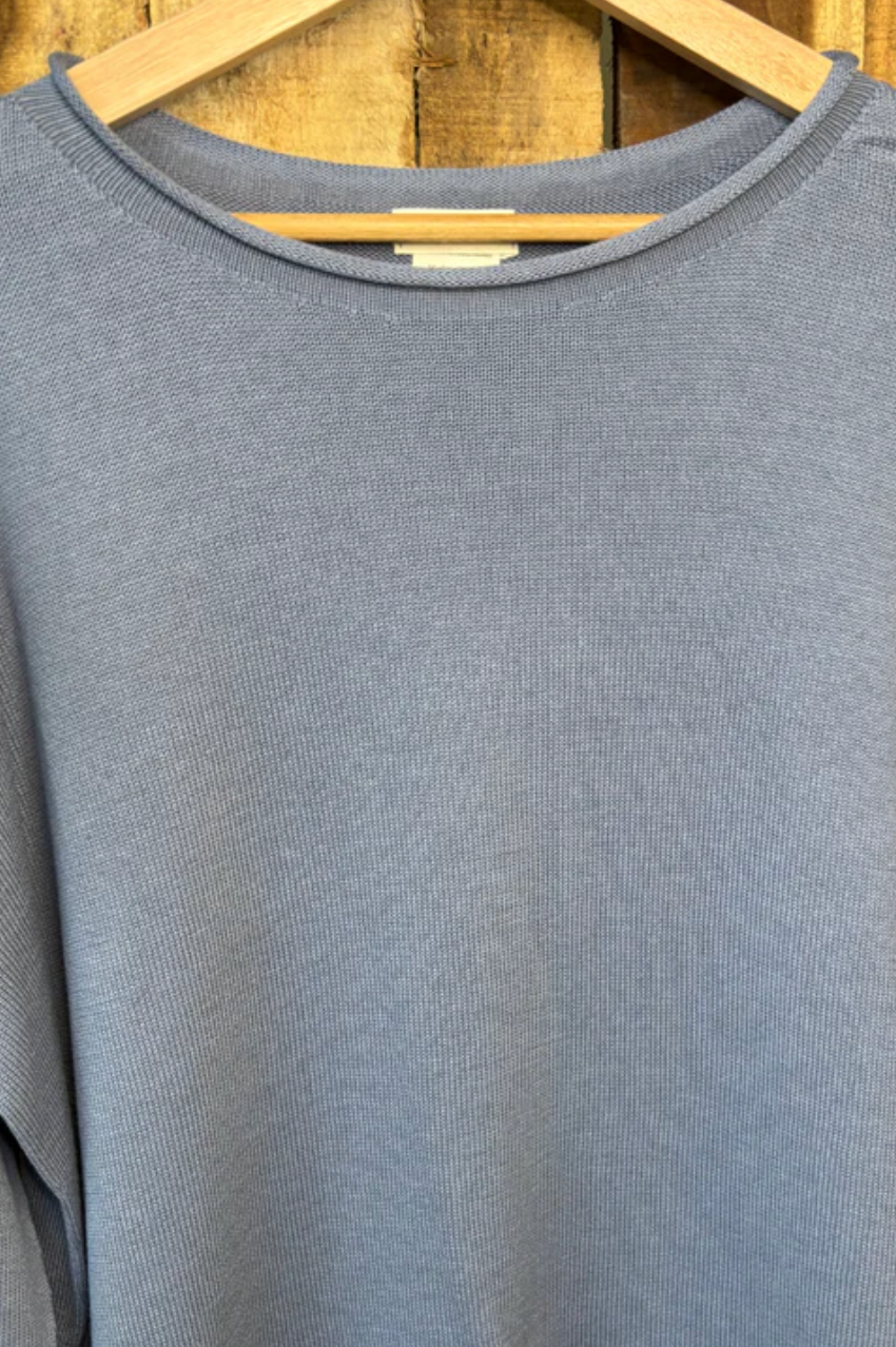 Organic Cotton S/S Curled Edge Sweater - Steel Blue