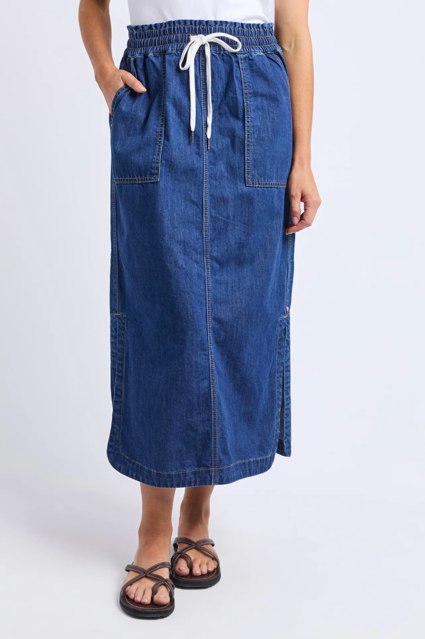 Elm Clover Midi Denim Skirt - Mid Blue