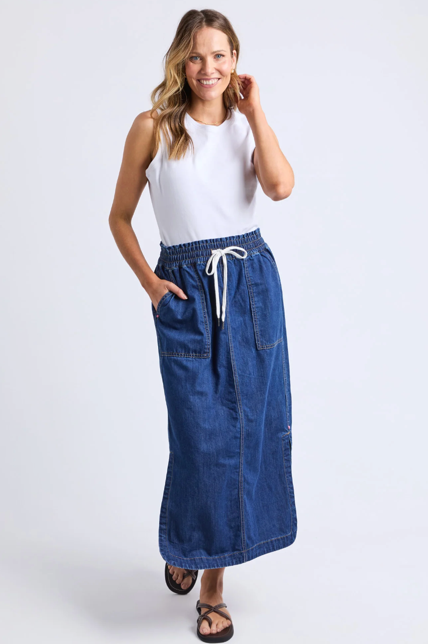 Elm Clover Midi Denim Skirt - Mid Blue