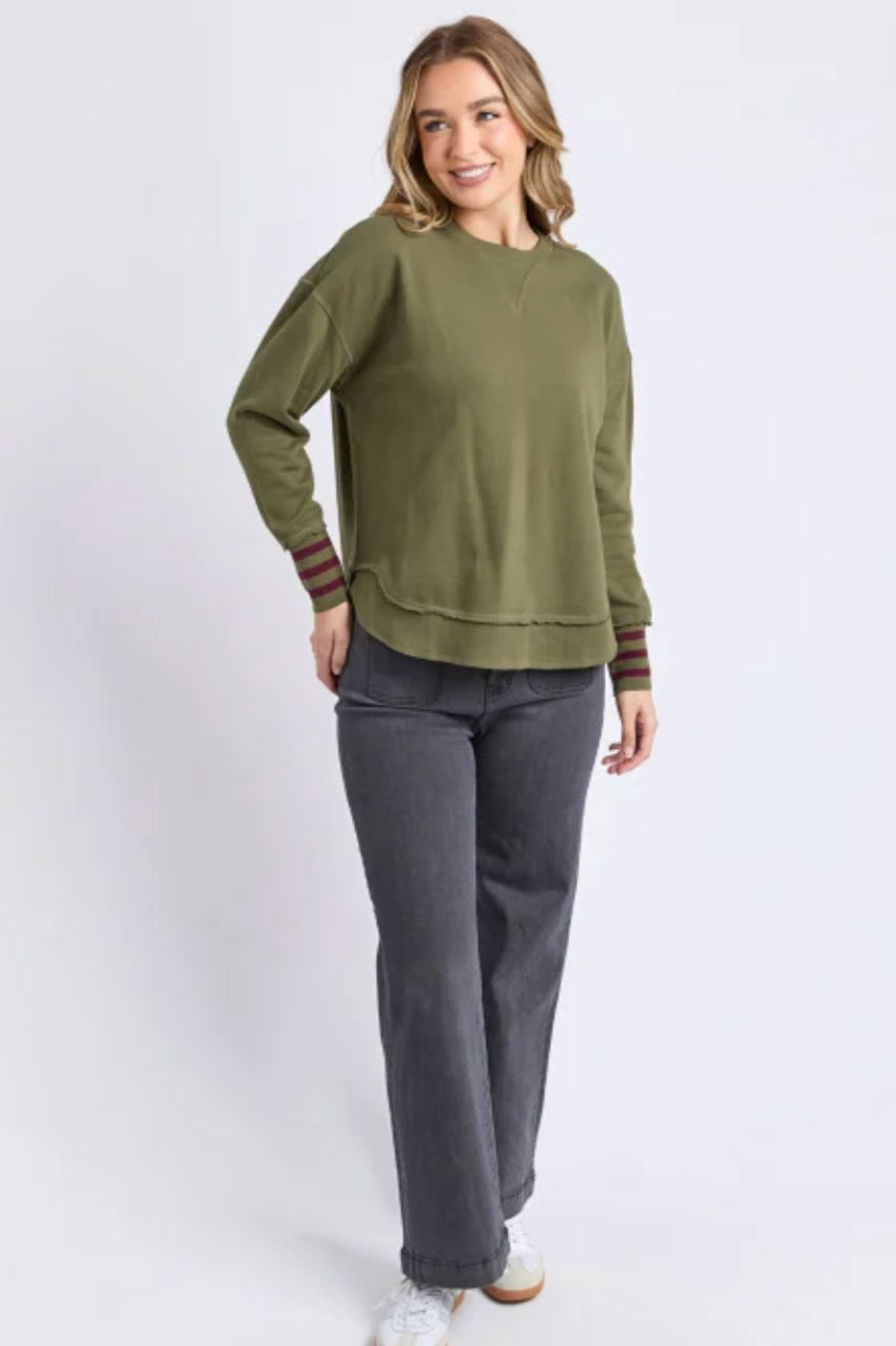 Foxwood Alex Stripe Cuff Crew - Moss
