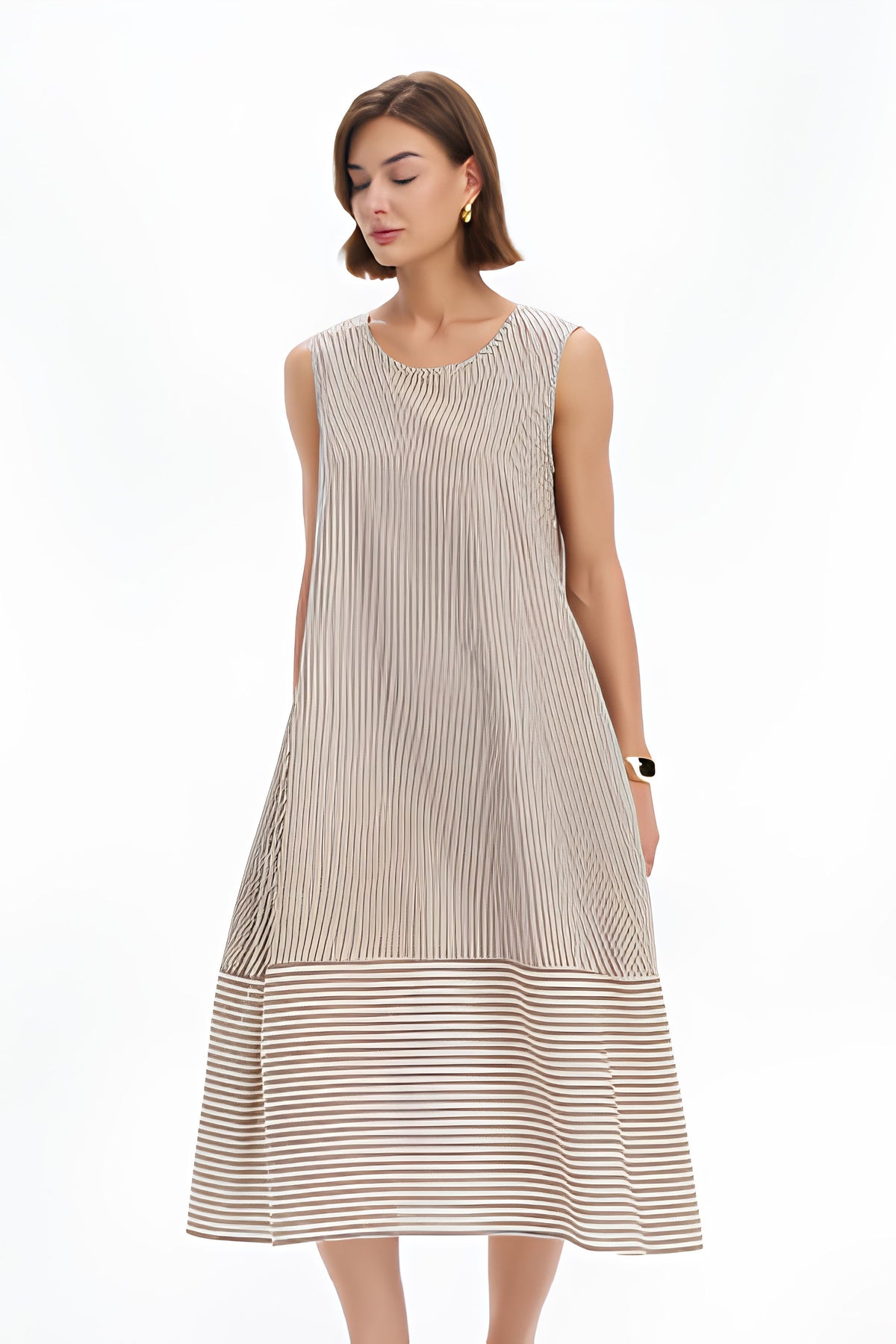 Sleeveless Tie Belt Stripe Dress - Chocolate