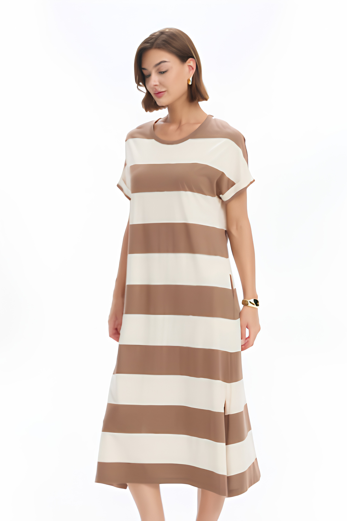 Stripe Easy Midi Dress - Mocha/White