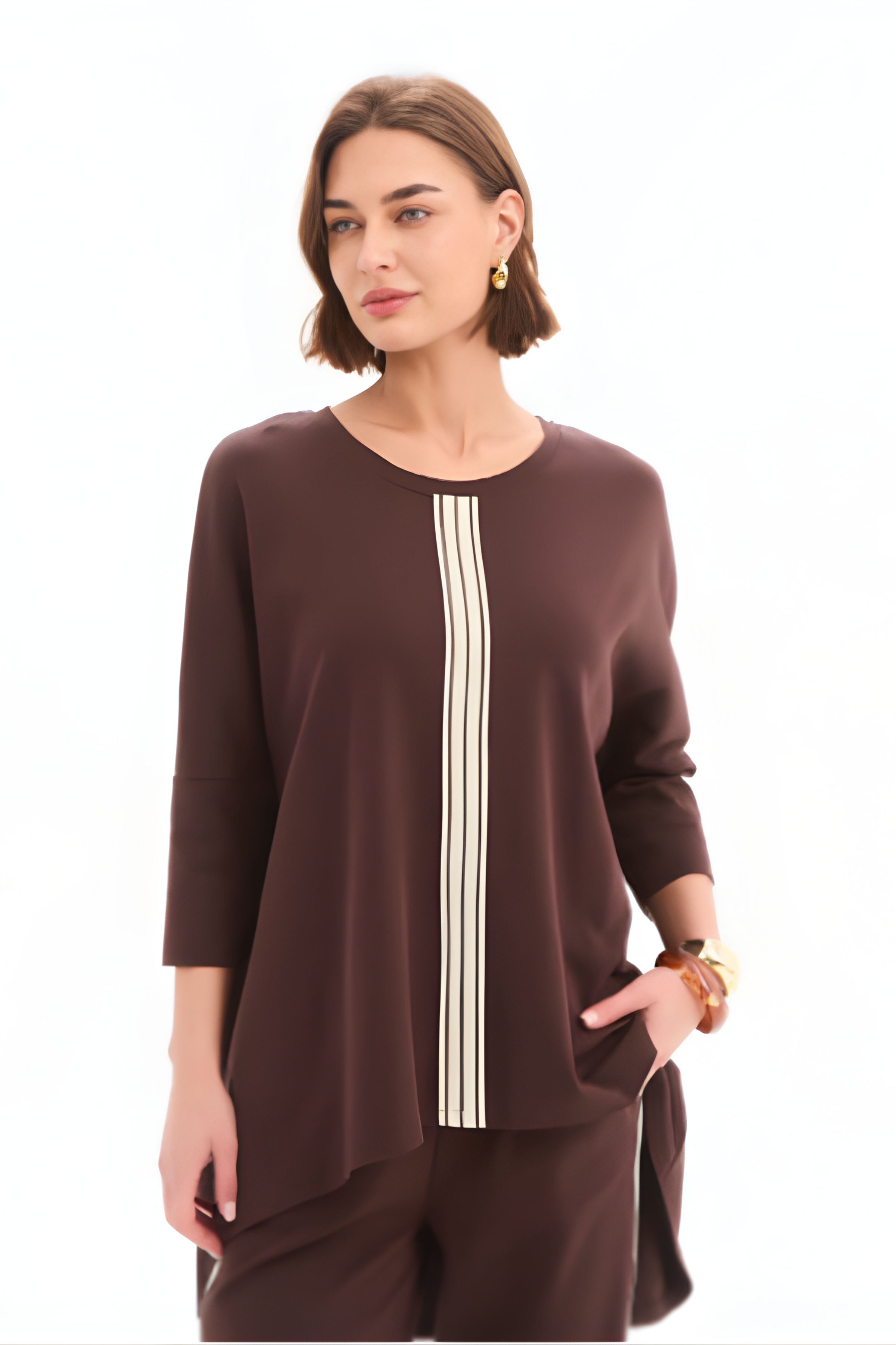Stripe Front 3/4 Sleeve Tee - Choc/Cream Stripe