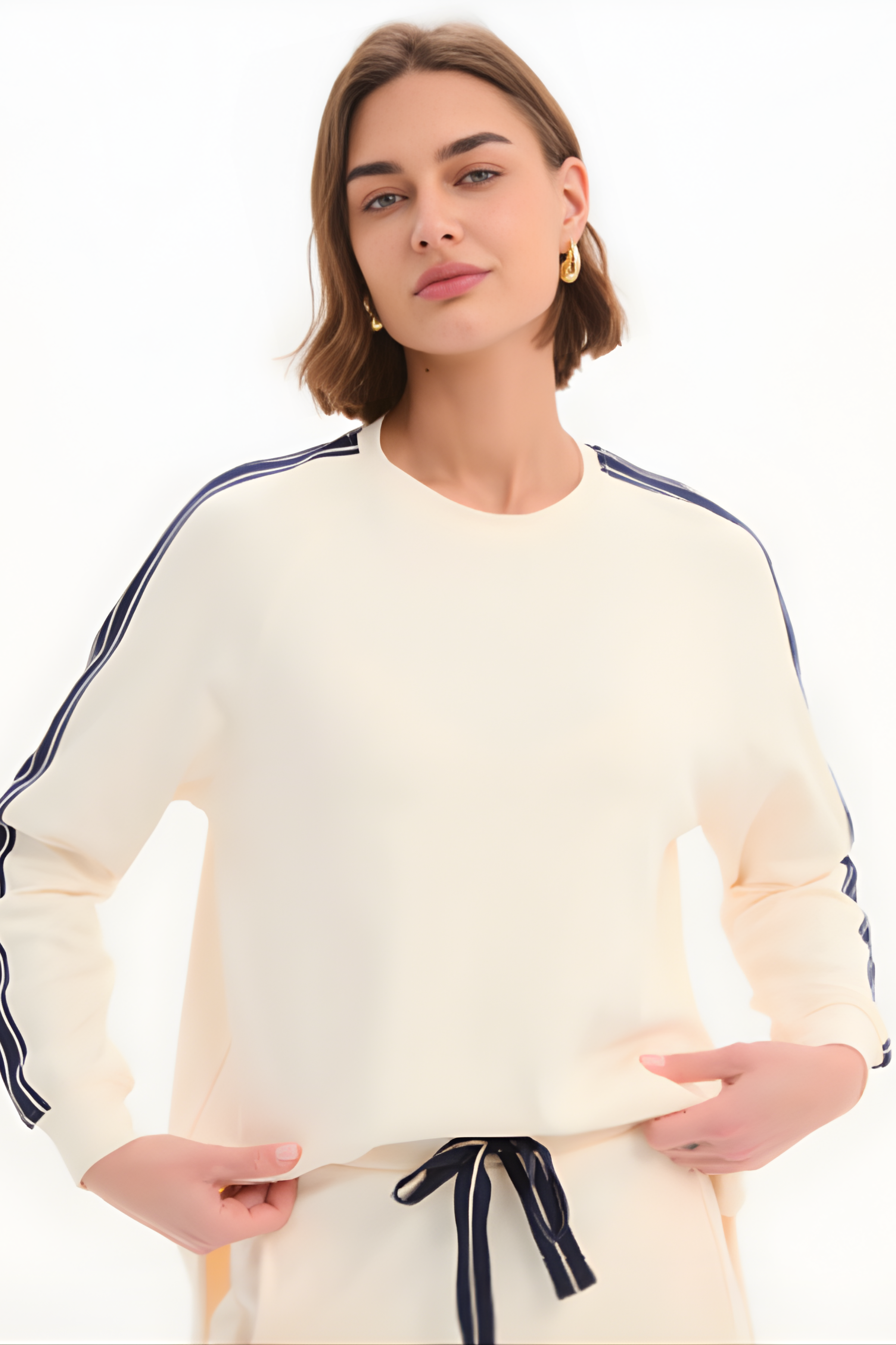 Stripe Sleeve Sweat - Cream/Navy Stripe