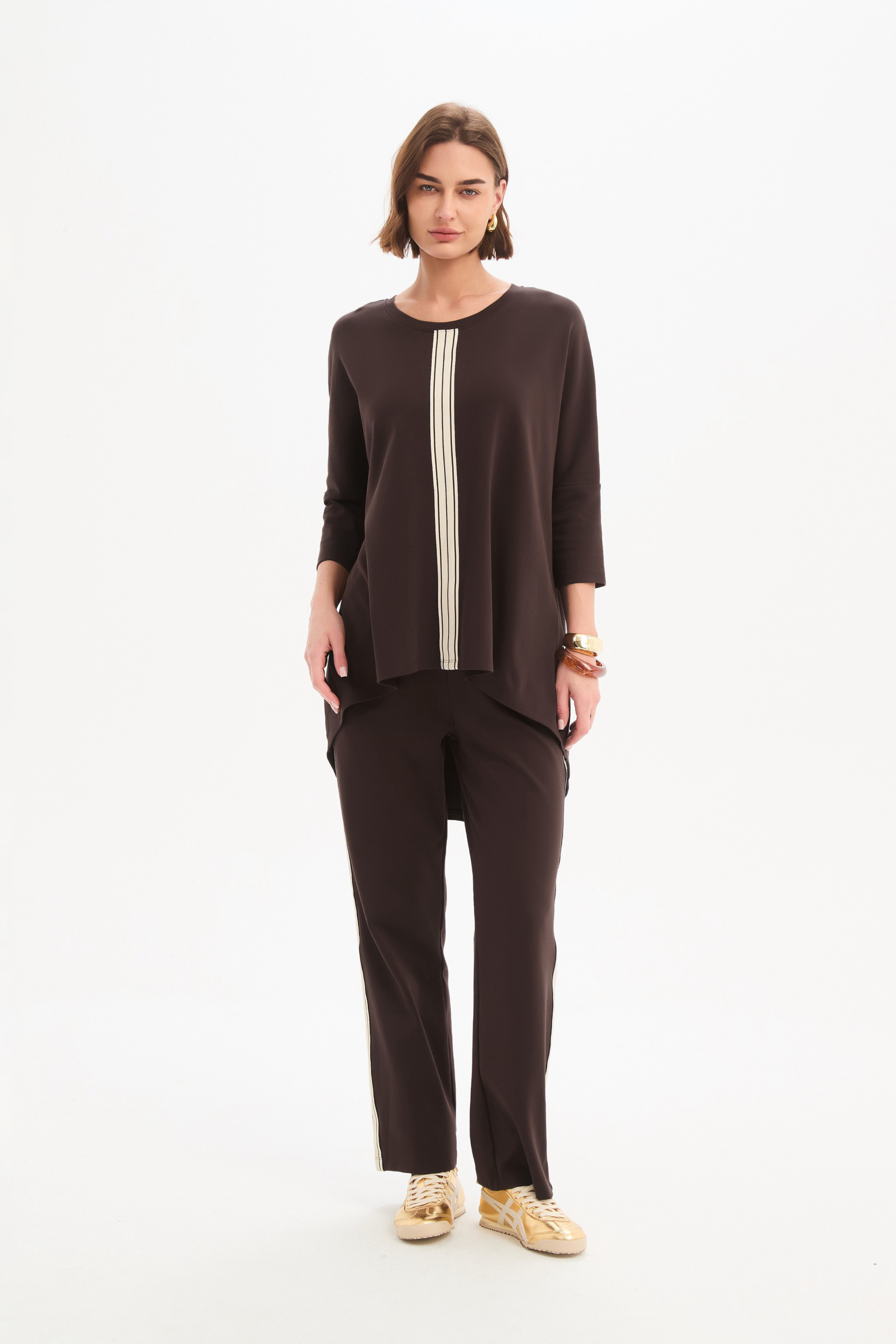Stripe Front 3/4 Sleeve Tee - Choc/Cream Stripe