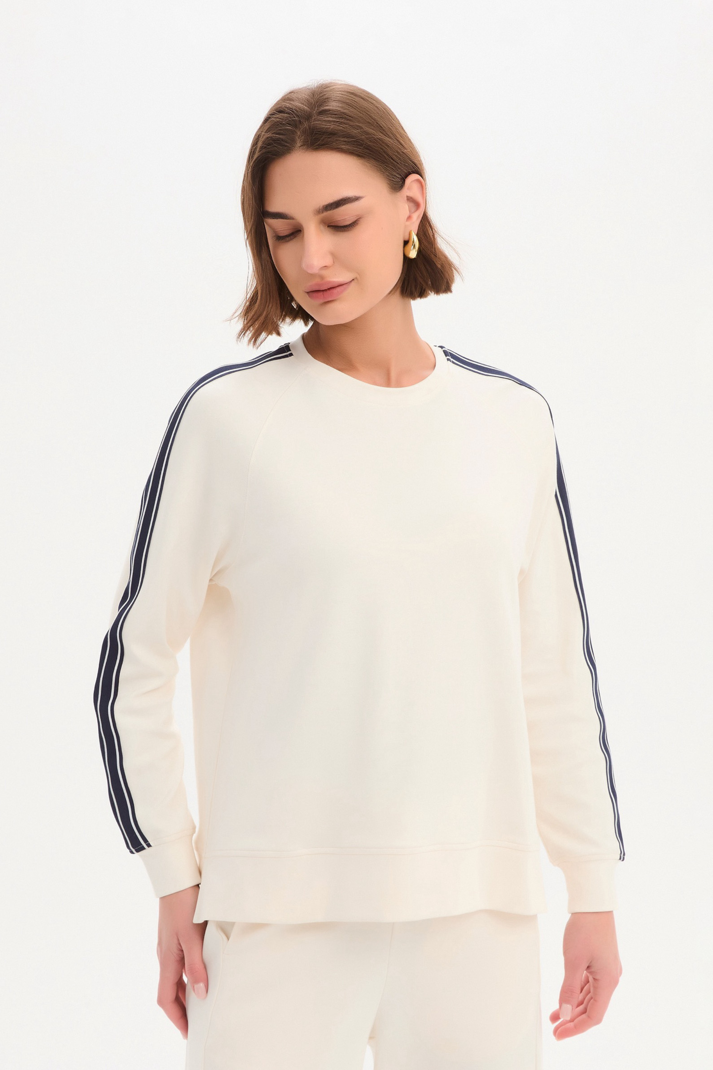 Stripe Sleeve Sweat - Cream/Navy Stripe