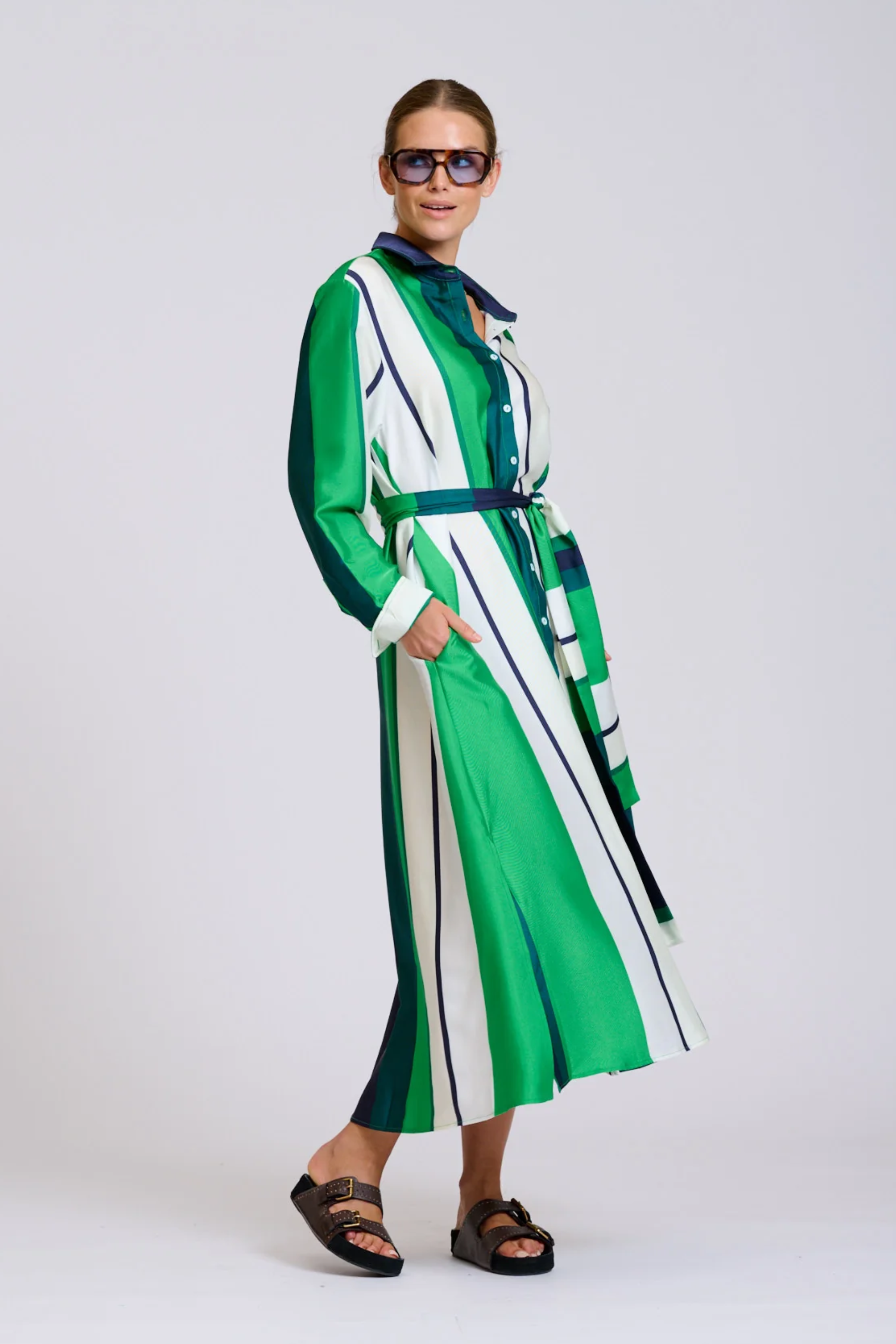 The Luna Longline Shirt Dress - Navy & Green Bold Stripes