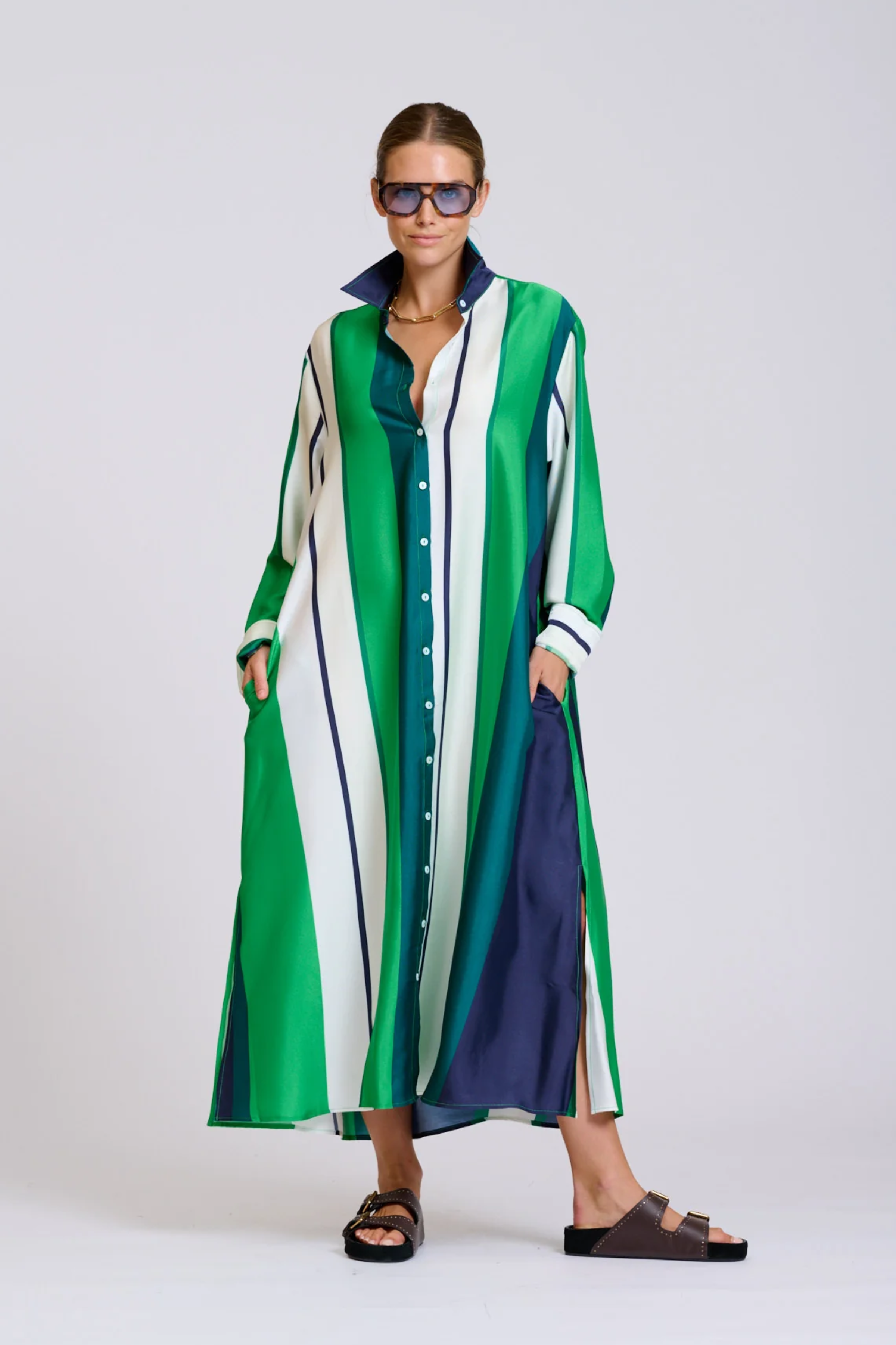 The Luna Longline Shirt Dress - Navy & Green Bold Stripes