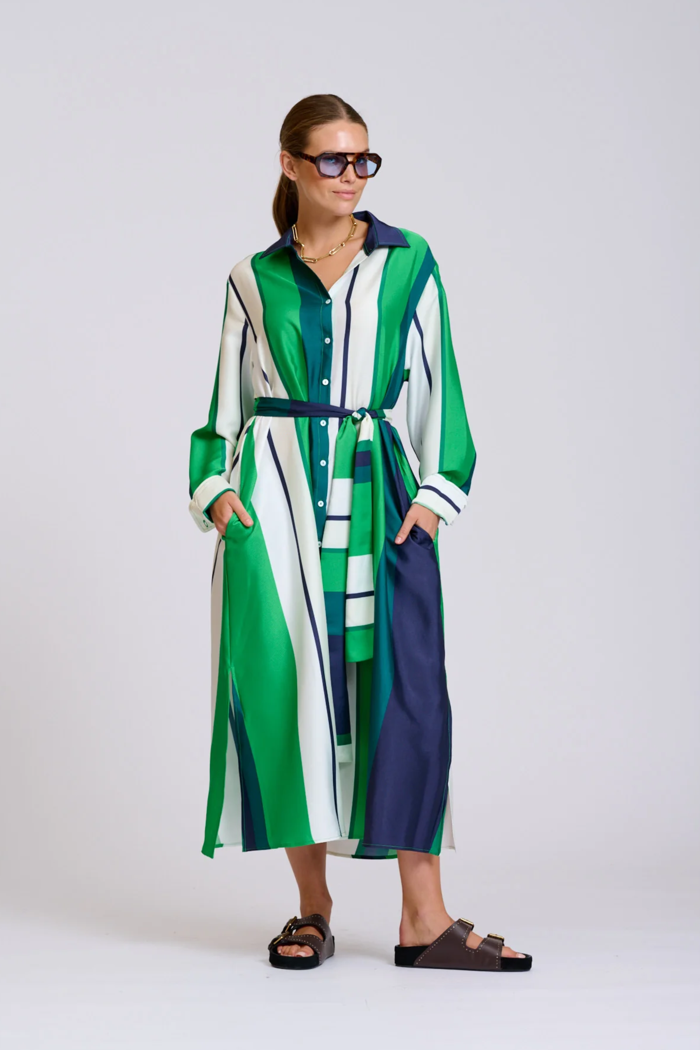 The Luna Longline Shirt Dress - Navy & Green Bold Stripes