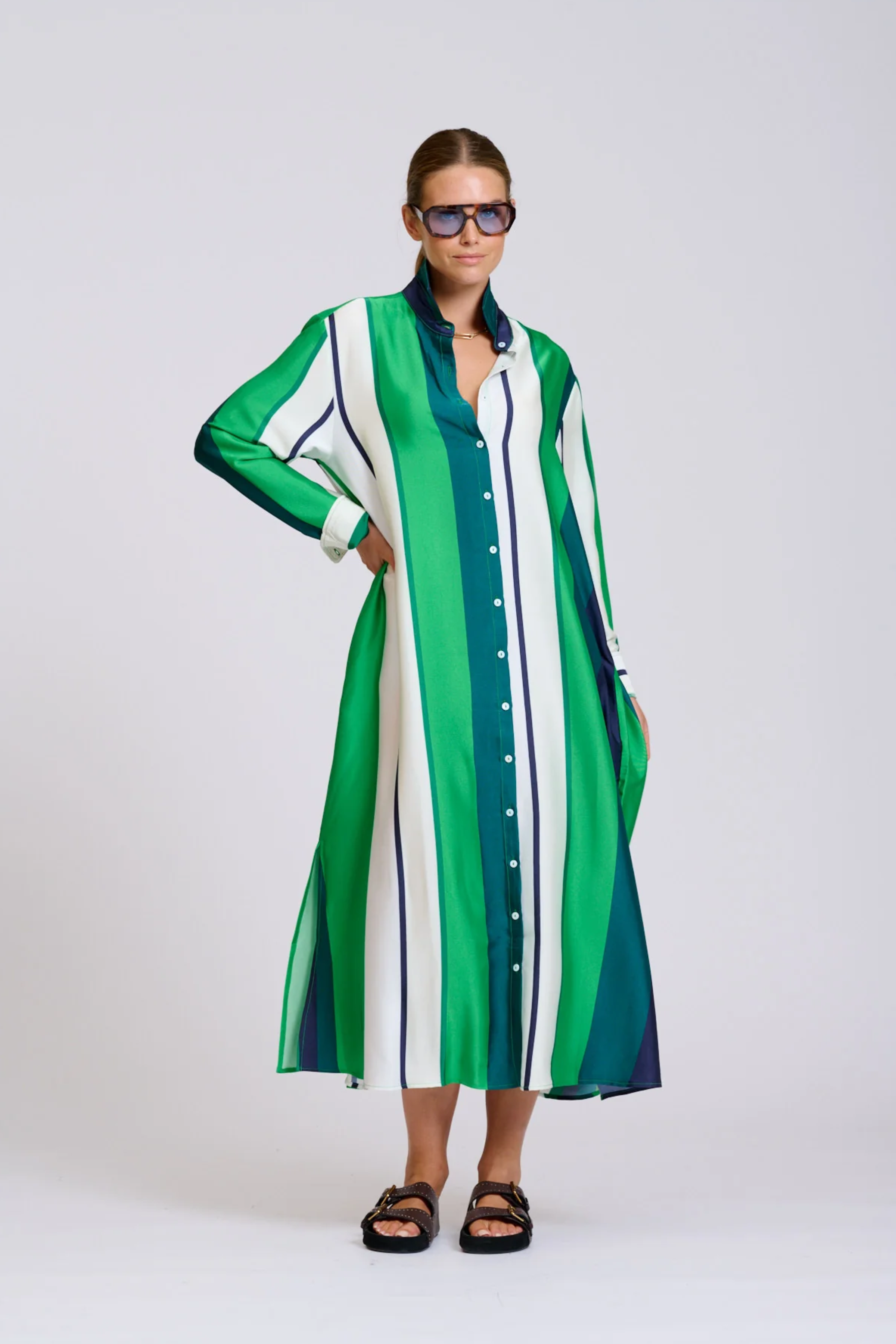 The Luna Longline Shirt Dress - Navy & Green Bold Stripes