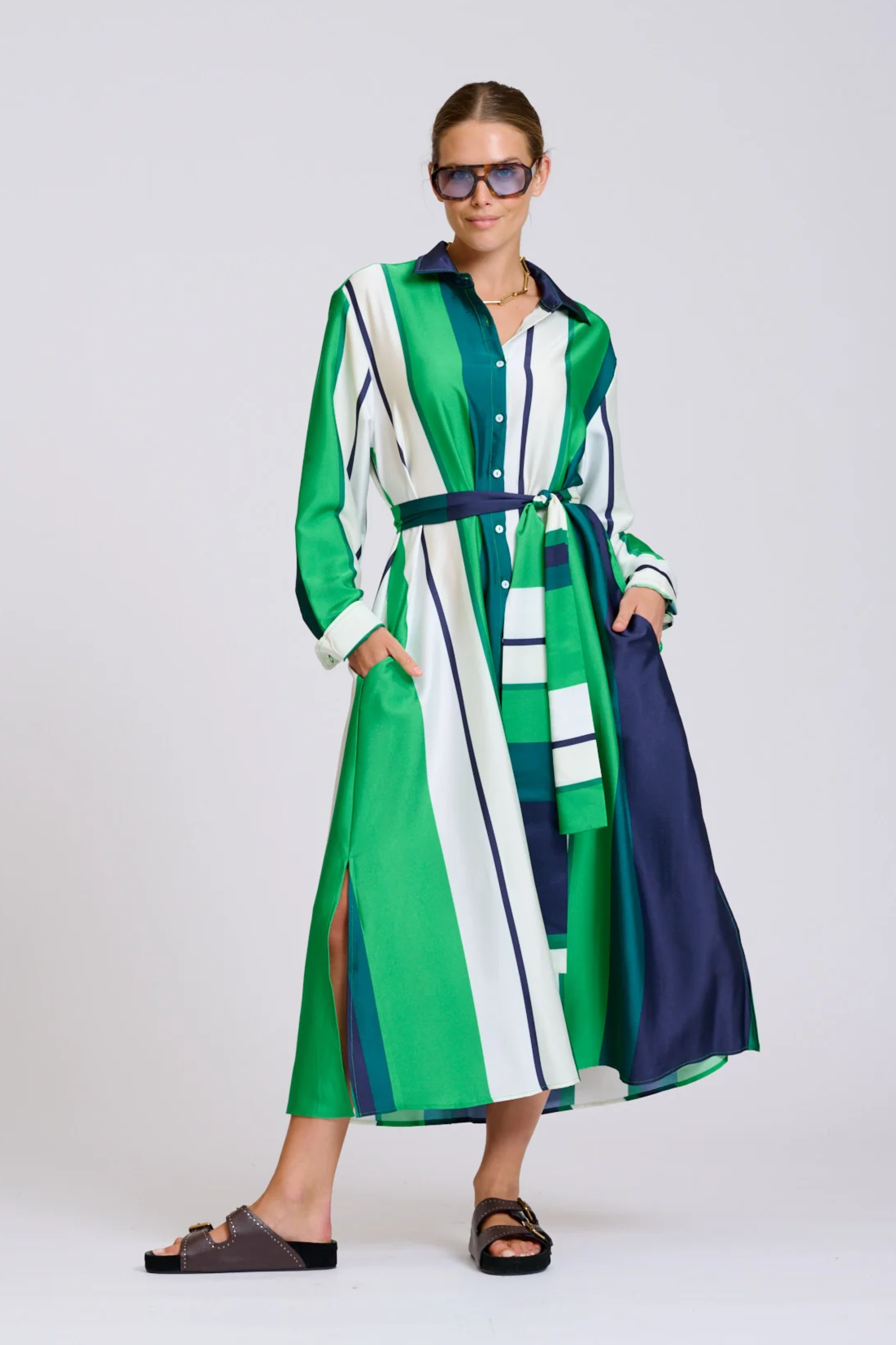 The Luna Longline Shirt Dress - Navy & Green Bold Stripes