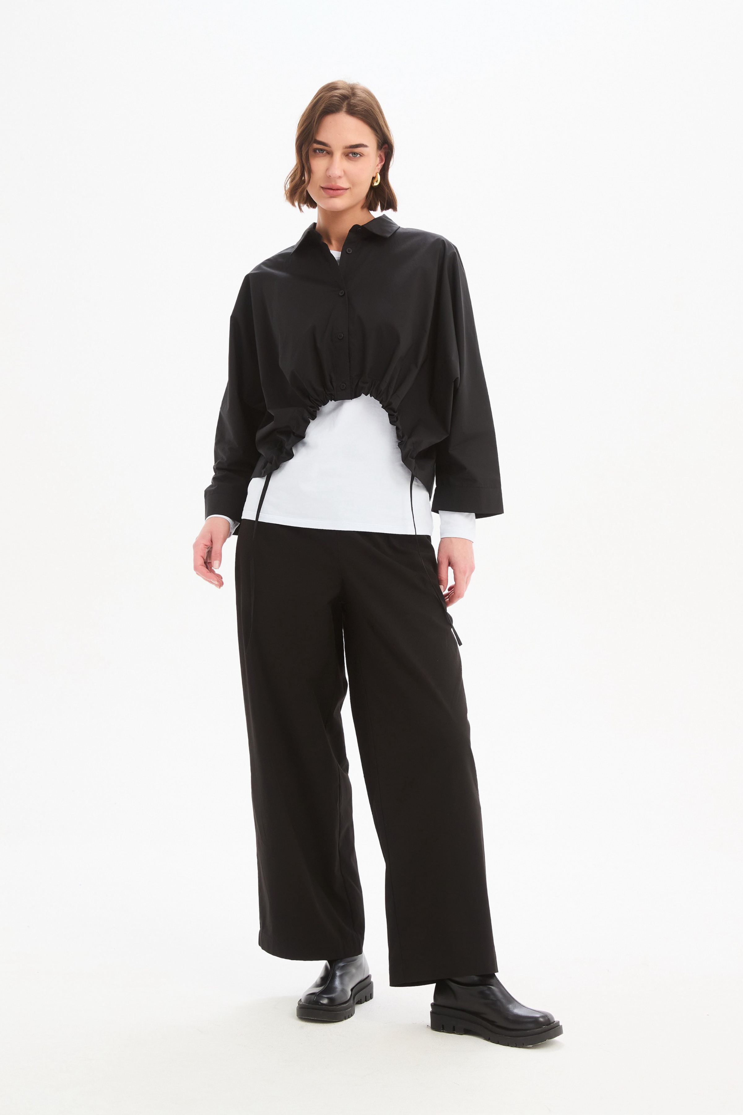 Wide Crop Poplin Overshirt - Black