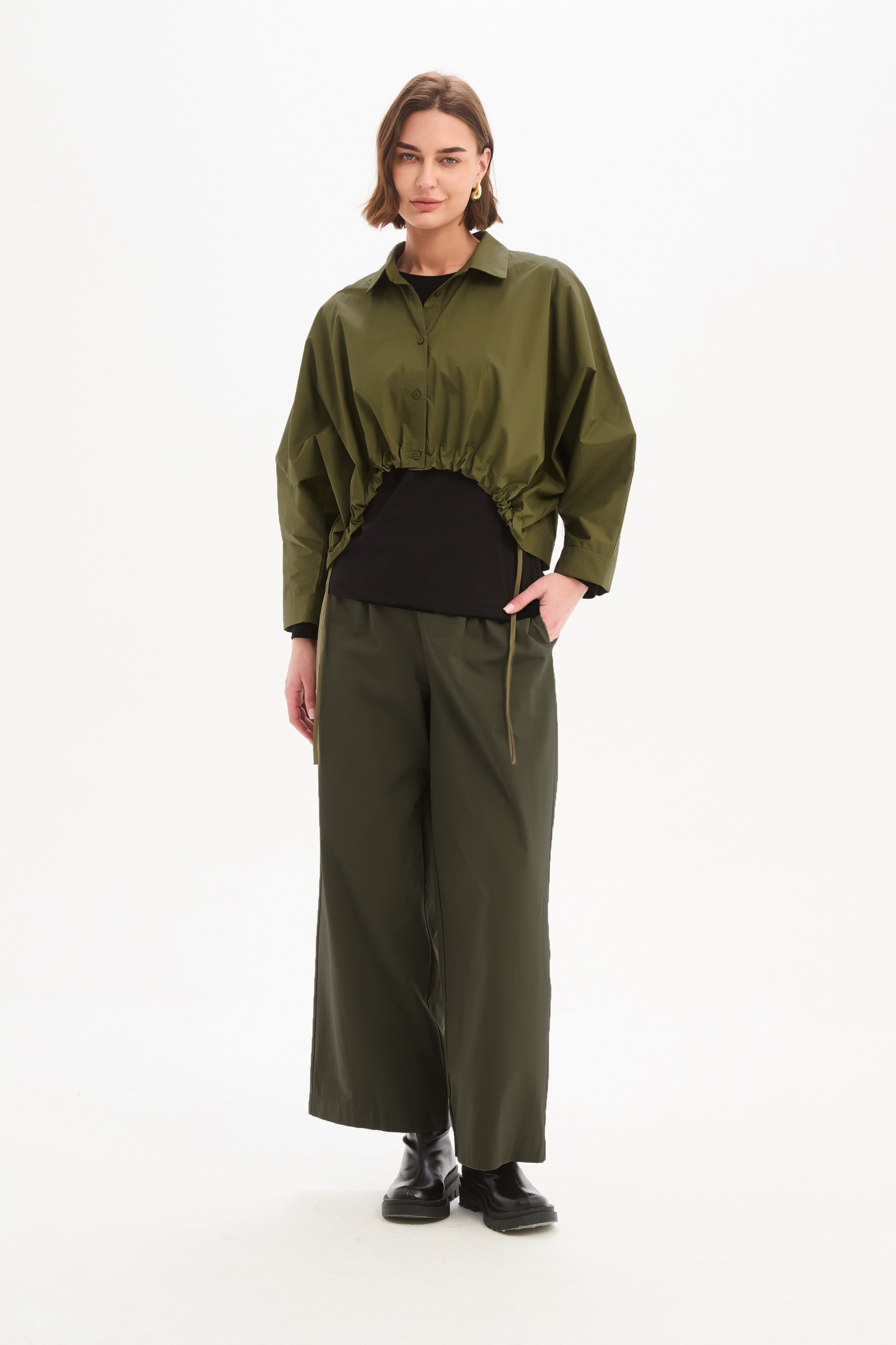 Wide Crop Poplin Overshirt - Khaki
