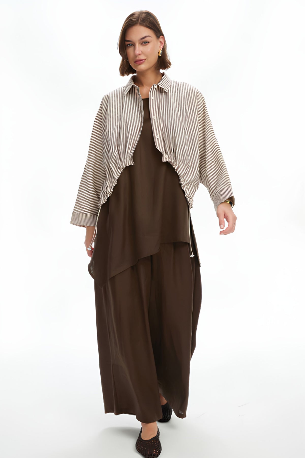 Wide Crop Stripe Overshirt - Chocolate
