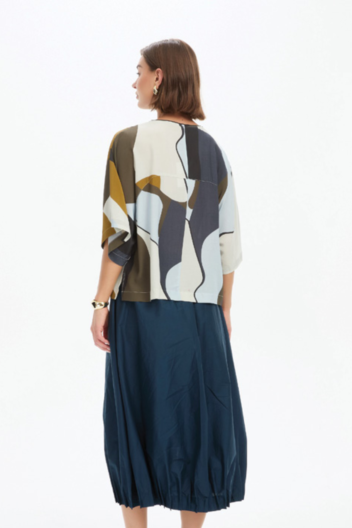 Wide Sleeve Print Top - Abstract Navy