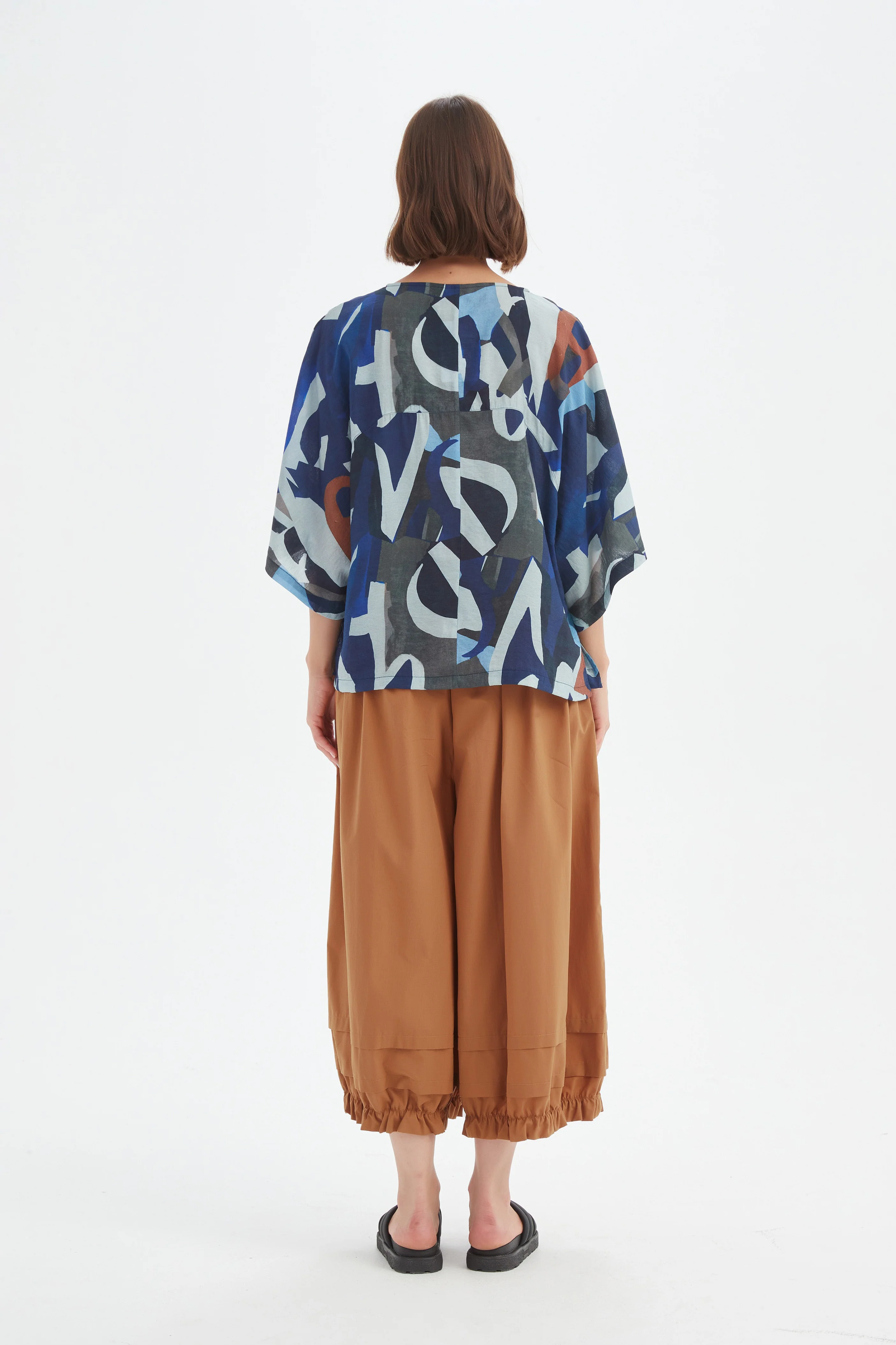 Wide Sleeve Print Top - Blue Abstract