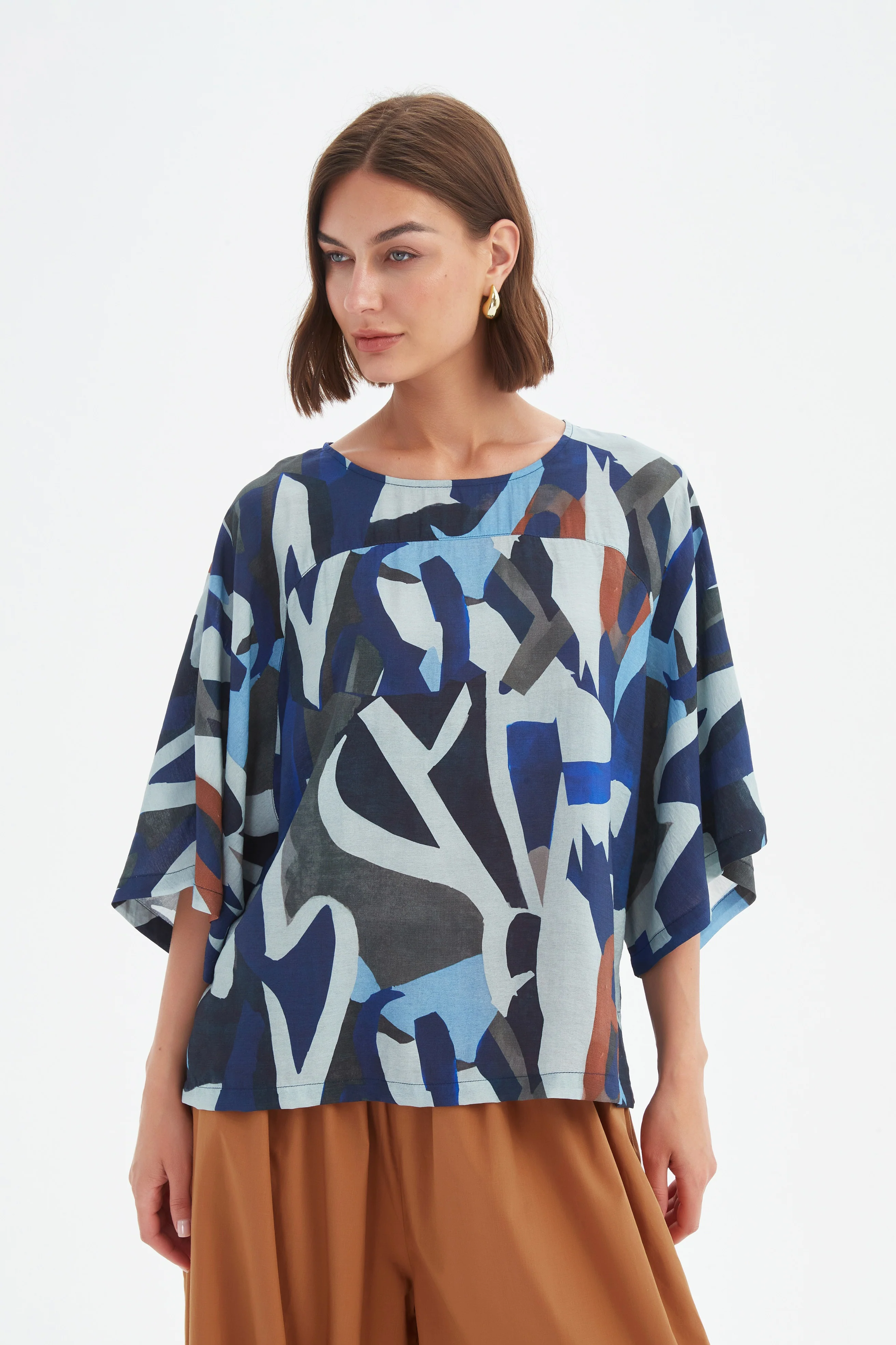 Wide Sleeve Print Top - Blue Abstract